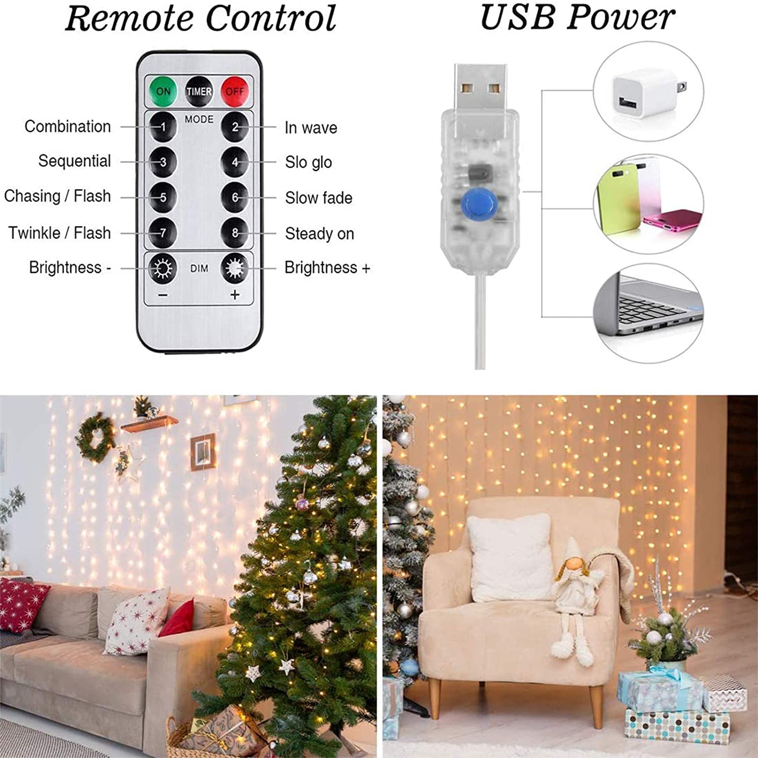 DazSpirit 3Mx3M 300 Tenda luminosa a LED, catena di luci USB decorative con 8 modalità di luce Telecomando e timer, impermeabile per la festa di nozze Camera da letto di Natale (Bianco Caldo)