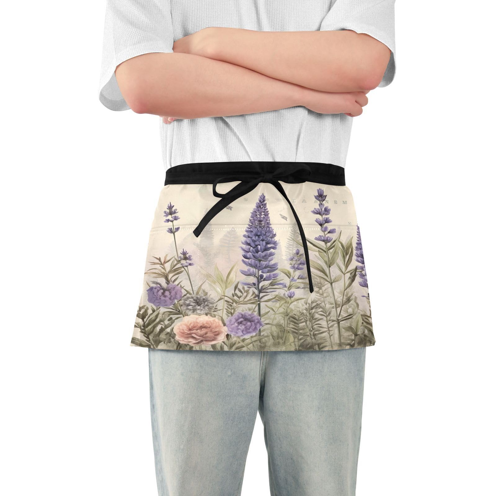 Jihqo Retro Lavender Waist Apron with 3 Pockets Water & Oil Resistant Short Waiter Apron Server Waitress Half Apron for Cooking Gardening