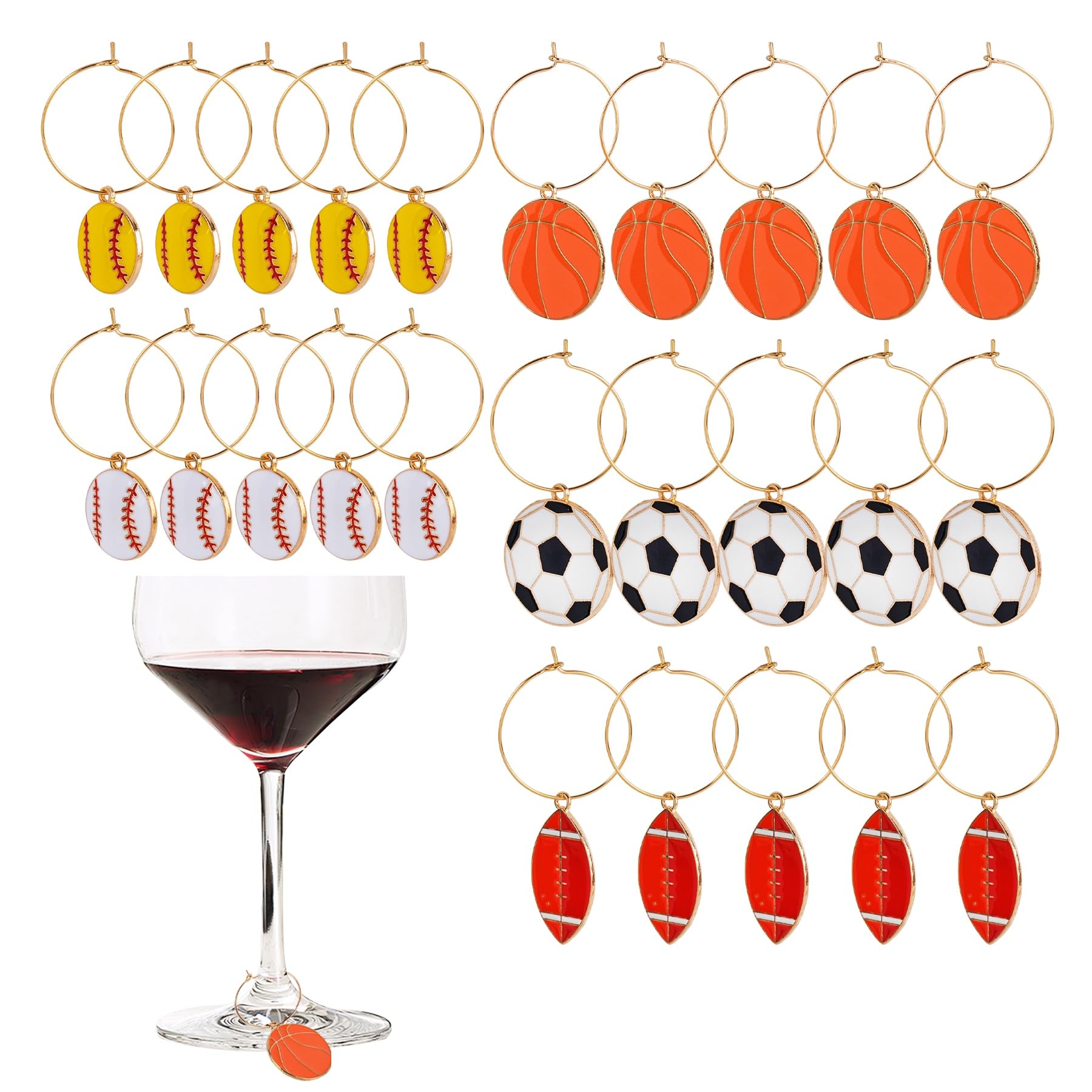 Framendino, 25 Pack Sports Ball Charms Wine Glass Rings Volleyball Basketball Soccer Pendant Marker Tags for Party
