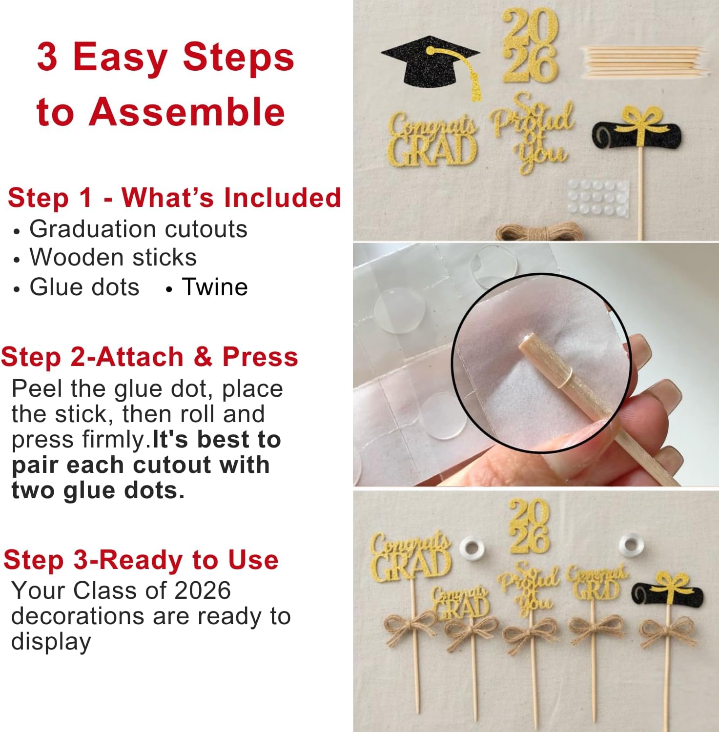 ALISSAR 20-Pack Double Sided 2026 Graduation Party Centerpiece Sticks with 32.8ft Twine – Class of 2026 Graduation Decorations, DIY Table & Cake Topper Decor (Gold)