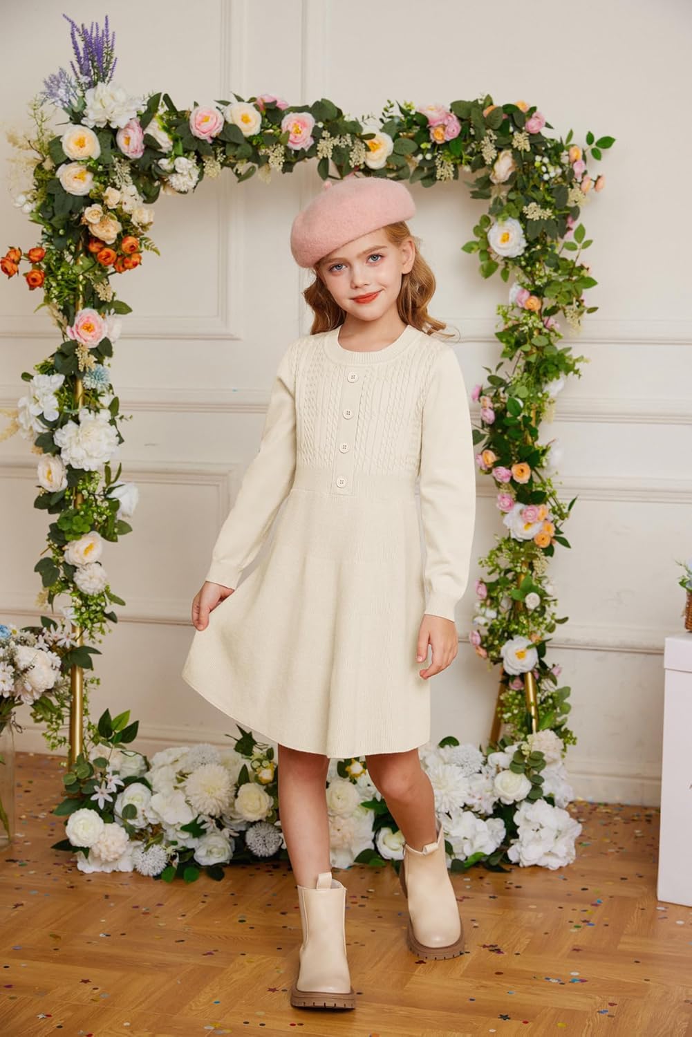 GRACE KARIN Girl Dress Long Sleeve Sweater Ruffle Button Front Knit Casual Fall Winter Dresses for Girls 5-12 - Image 3