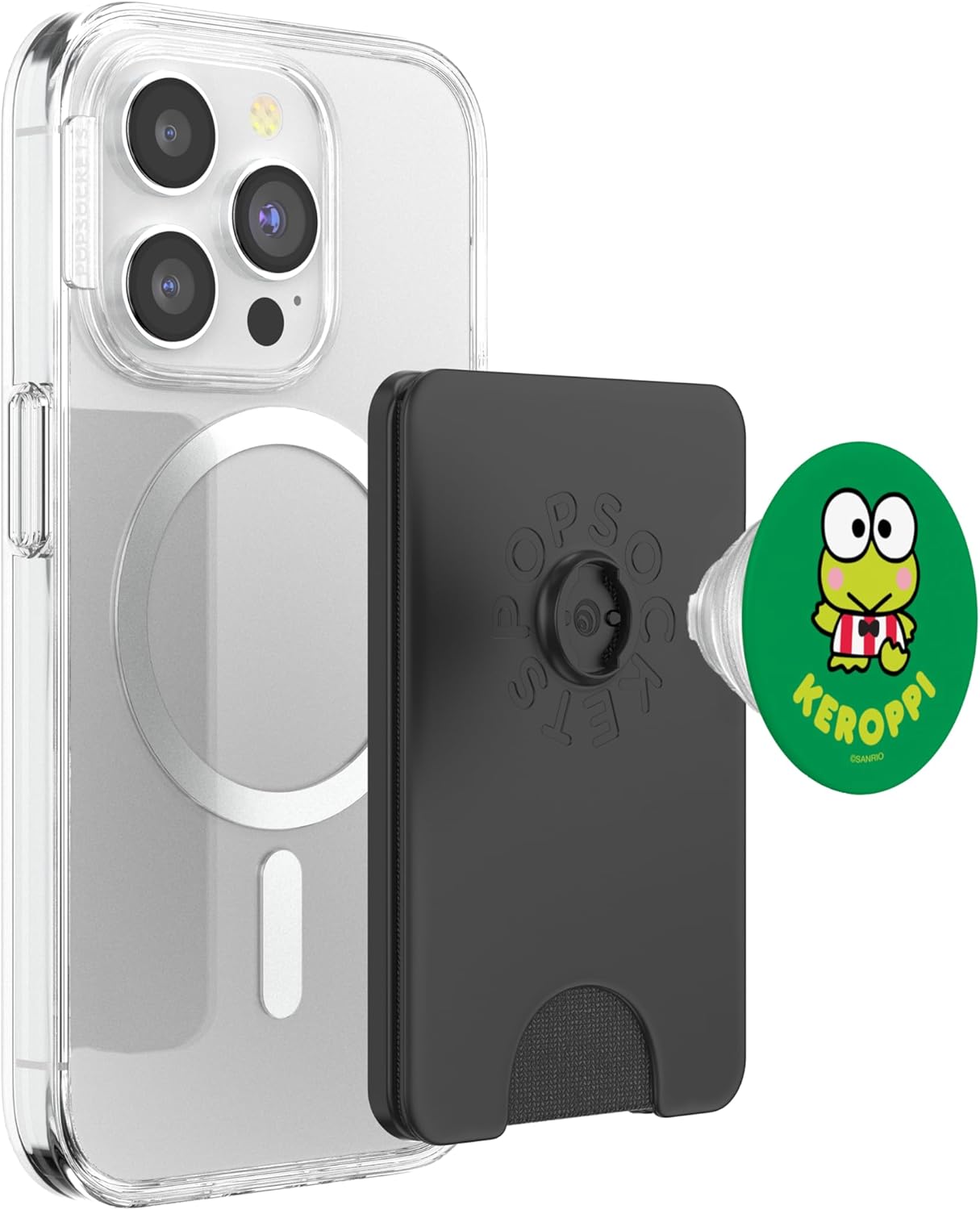 SANRIO Keroppi Character Front and Back PopSockets PopWallet for MagSafe, Carries Three Cards, Compatible with iPhone 12, 13, 14 Series, Black