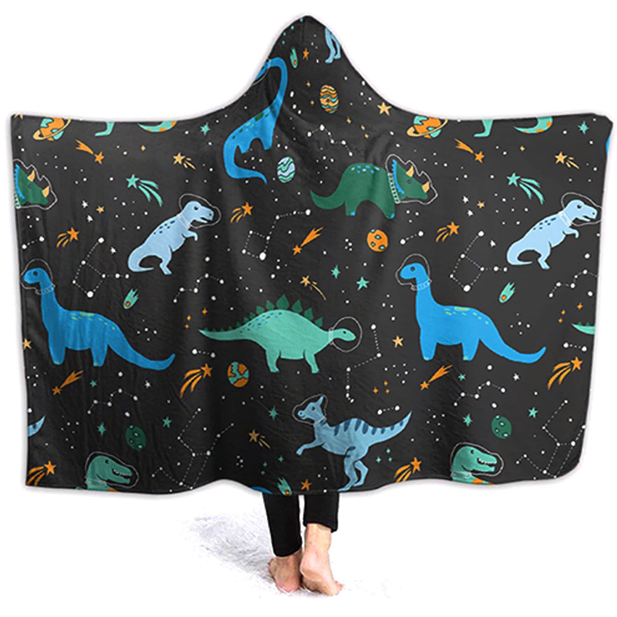 321DESIGNCartoon Dinosaurs Pattern Wearable Blanket Fleece Hooded Robe Cloak Throw Quilt Poncho Microfiber Sherpa Plush Warm Wrap Multiple-Size Cape Teen Size 60 x 50 Inch