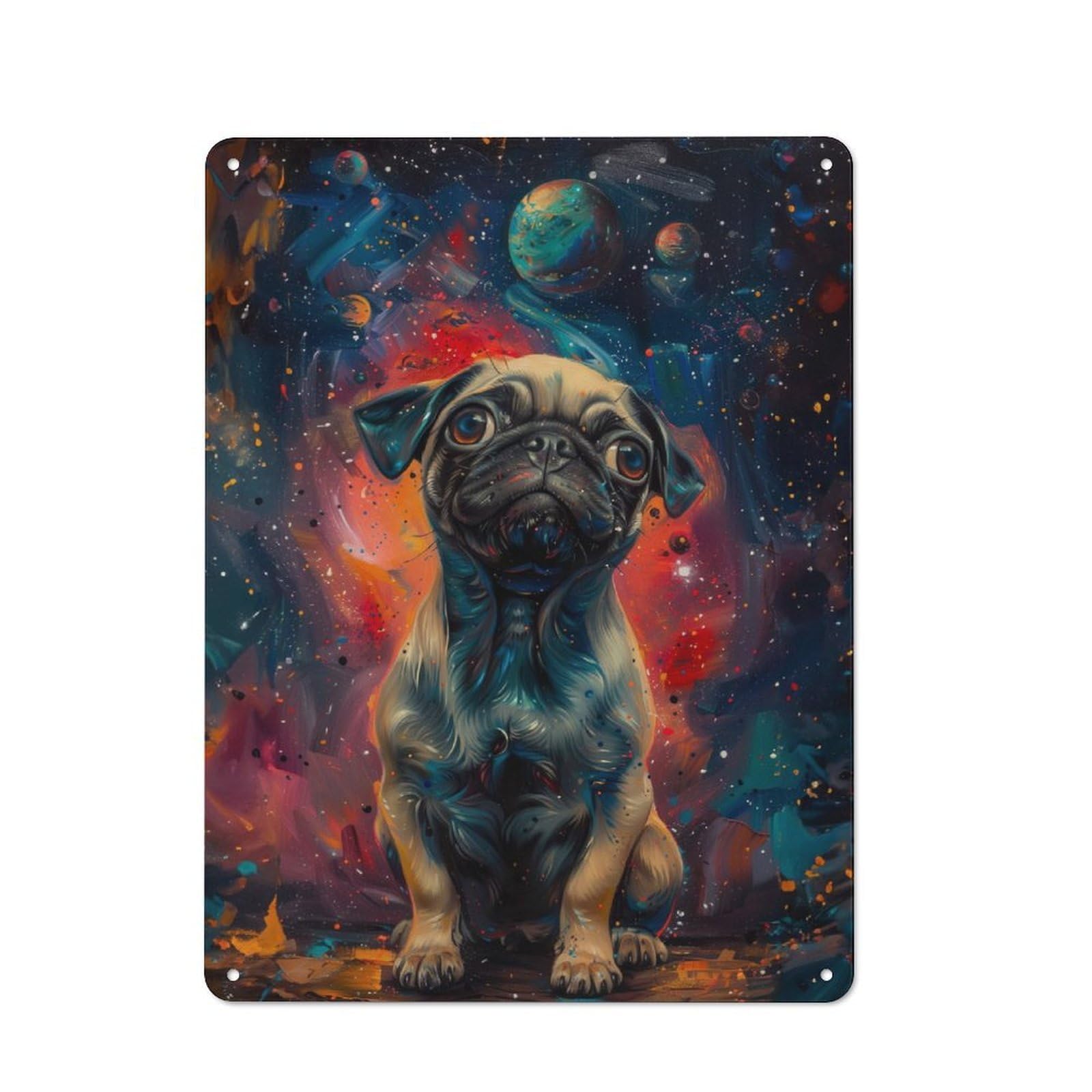 Junmoney Galaxy Pug Oil Painting Metal Wall Sign 40X30cm Featuring For Workshop Wall, Suited To Metal Sign Collectors