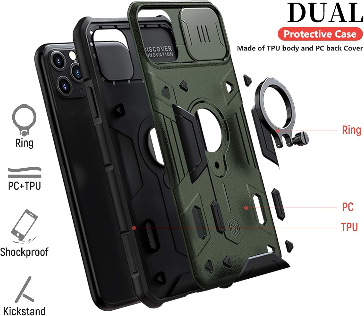 Nillkin iPhone 11 Pro Max Case, CamShield Armor Case with Slide Camera Cover, PC & TPU Impact-Resistant Bumpers Protective Case with Ring Kickstand for iPhone 11 Pro Max 6.5 inch (2019) - Green