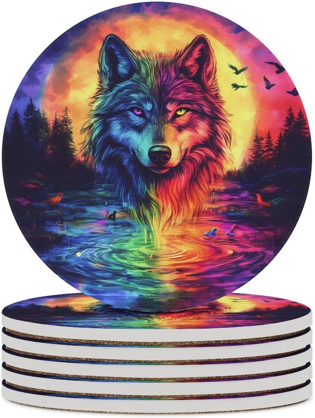 Colorful Wolf Funny Round Ceramic Coasters for Drink Absorbent Cup Holders Tabletop Protection