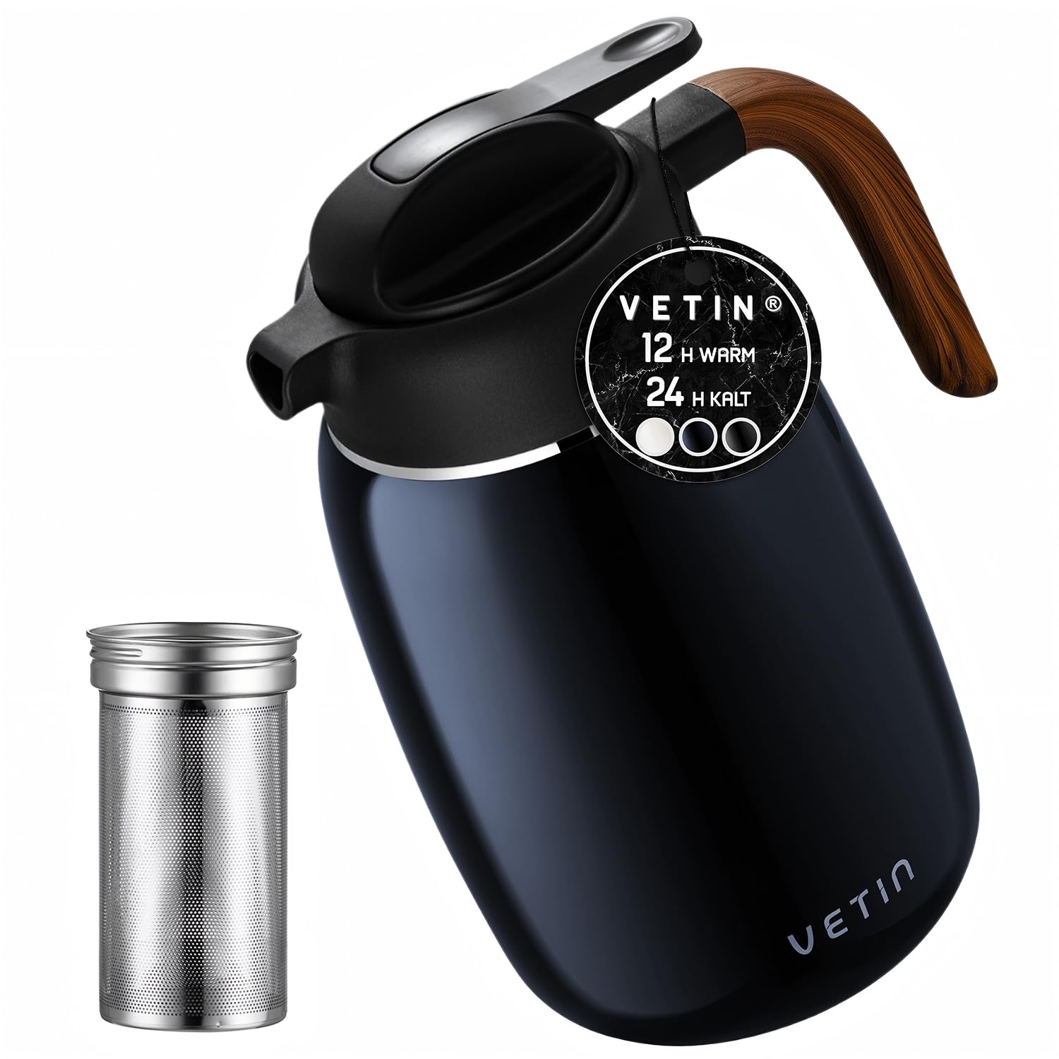 VETIN Termo con colador de té de 1,5 l, jarra térmica de doble pared de acero inoxidable 304, tetera térmica con colador, jarra térmica de 12 horas de calor/24 horas de frío