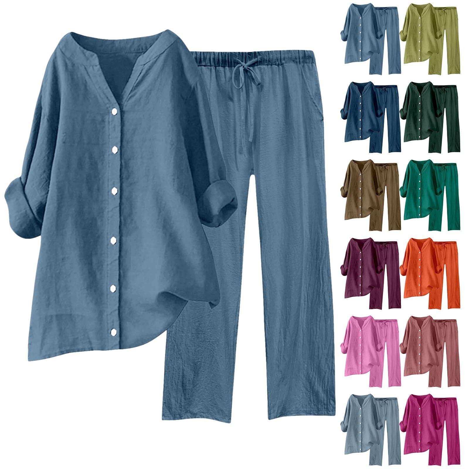 Conjunto Lino Mujer Elegante Dos Piezas Traje de Primavera Camisa Manga Larga con Botones y Pantalones Largo Piernas Anchas Chándal Ropa de Casa Casuale Color Sólido