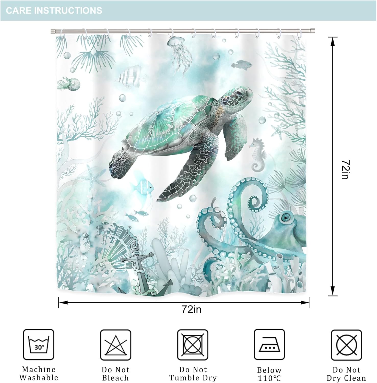 Riyidecor Teal Beach Sea Turtle 4Pcs Bathroom Shower Curtain Sets Ocean Octopus Marine Turquoise Bathroom Decor Set with Rugs and Accessories Coastal Toilet Lid Rug, Contour and Bath Mat with 12 Hooks