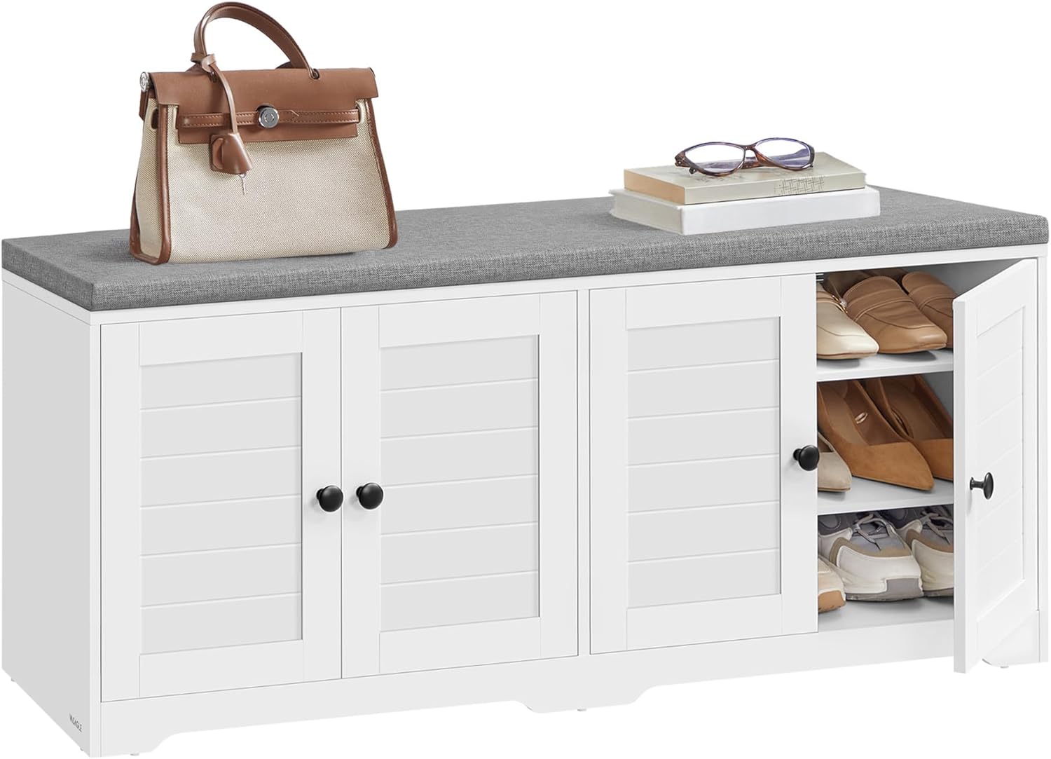 VASAGLE 3-Tier Shoe Storage Bench with Cushion, Doors & Adjustable Shelves, 47.6" Wide, Cloud White and Dove Gray