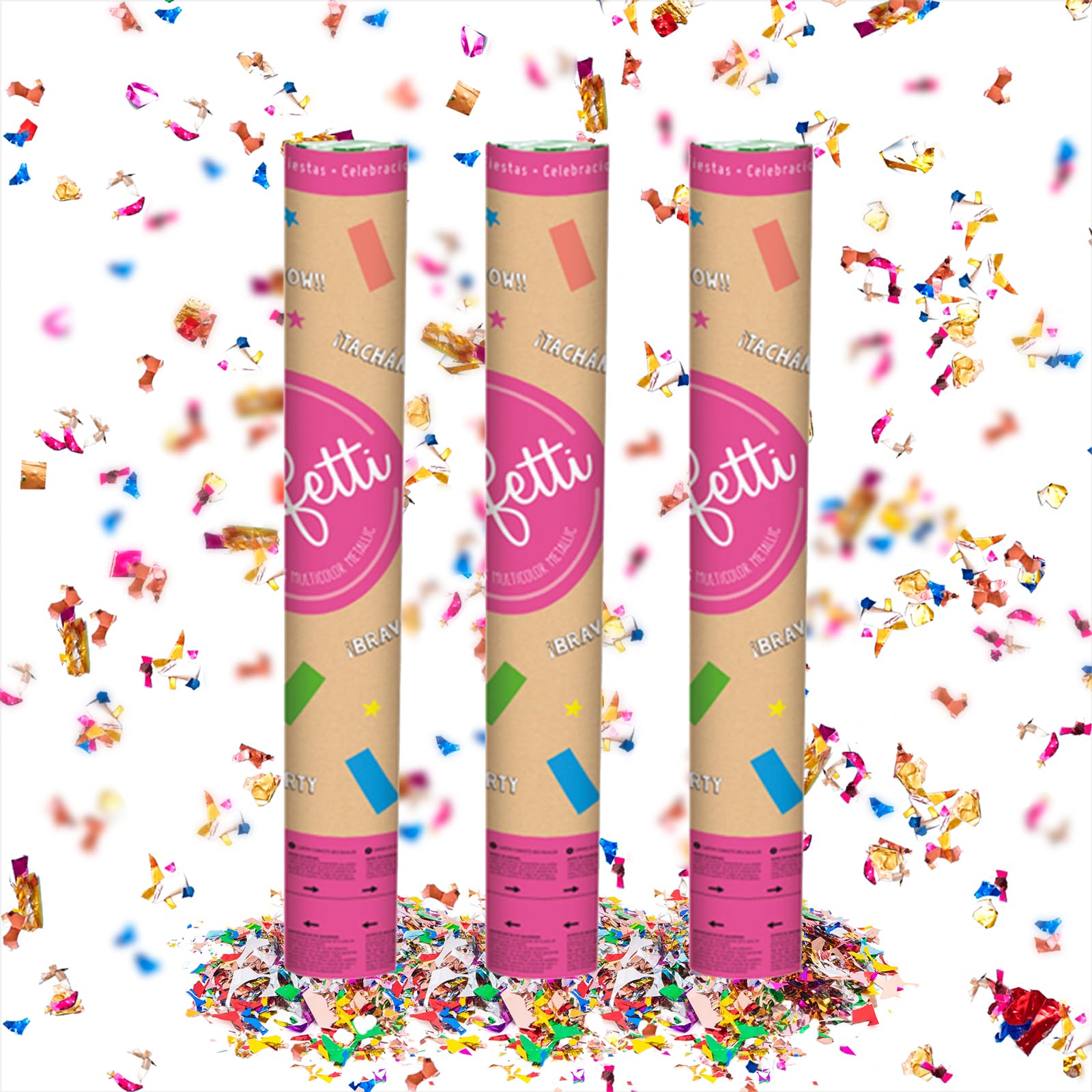 3 Unidades - Cañón Confeti Multicolor Foil 40 cm - Confeti Multicolor Foil - Decoración eventos, fiestas, celebraciones, bodas, Graduación. Cañón Fiesta 40 cm.