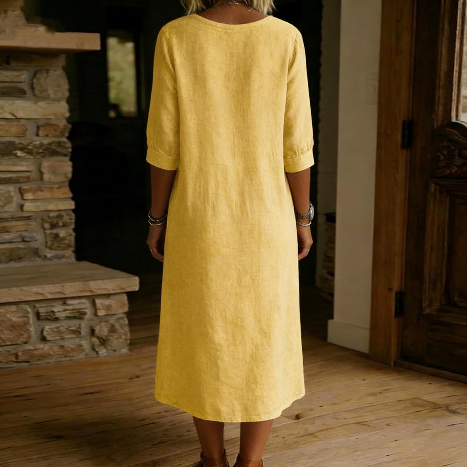 Musselin Kleid Damen Lang Sommerkleid Damen Leicht Und Luftig Leinenkleid Sommer Kleider Mit Schleife A Linie Maxikleid Elegant Schick Sommerkleider 3/4 Ärmel Leinen Strandkleid Frauen Casual