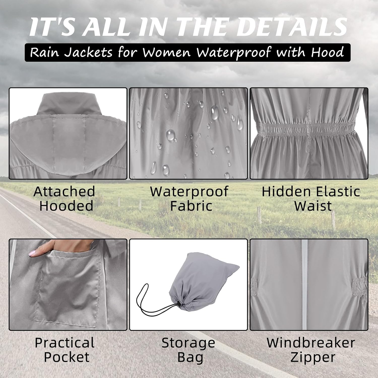 American Trends Rain Jacket Women Waterproof with Hood Windbreaker Jacket Travel Rain Coat Packable Lightweight Long Raincoat - Image 3