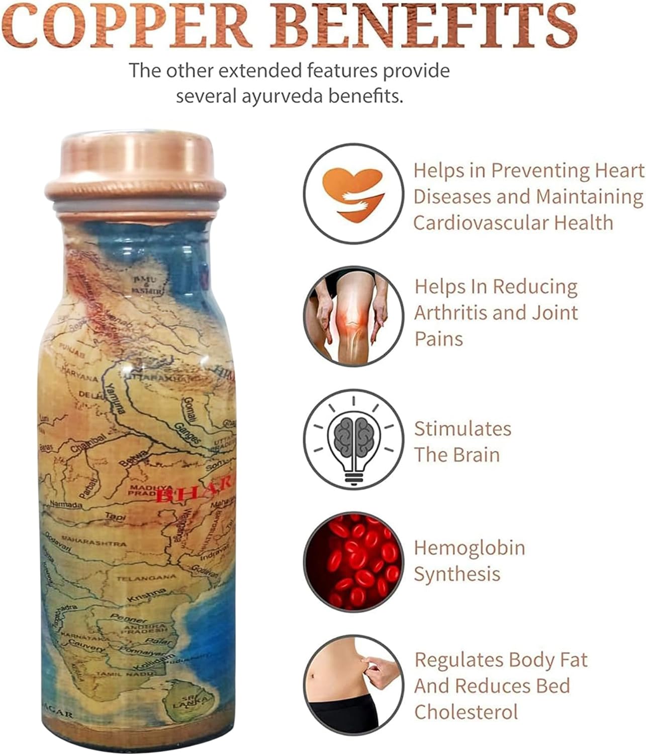 Printed Copper Water Bottle 17 OZ/500 ML Small Drinking Flask Leakproof Bottles for Sports, Yoga & Travel