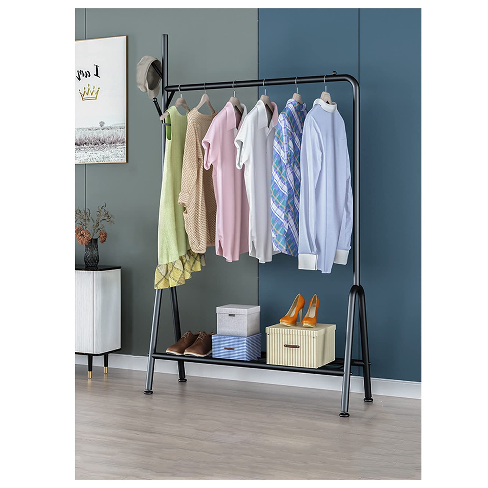 YNBSHGAA Heavy Duty Clothes Rack with Bottom Shelf & Side Hooks, Portable Garment Rack for Bedroom, Entryway, Black,Black-120cm