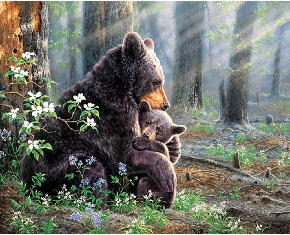 Bemaystar DIY 5D Diamond Painting Kit,5D Diamond Painting Round Drill Diamond Wall Art for Adults Bear with Baby in The Forest 15.7x11.8in 1 Pack