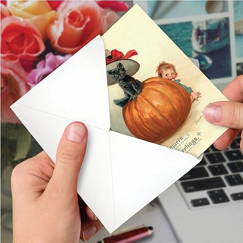 Miniatura 4 de NobleWorks Tarjeta de felicitación de Halloween con sobre de 5 x 7 pulgadas (1 tarjeta) calabaza vintage para niños, gato C10187BHWG