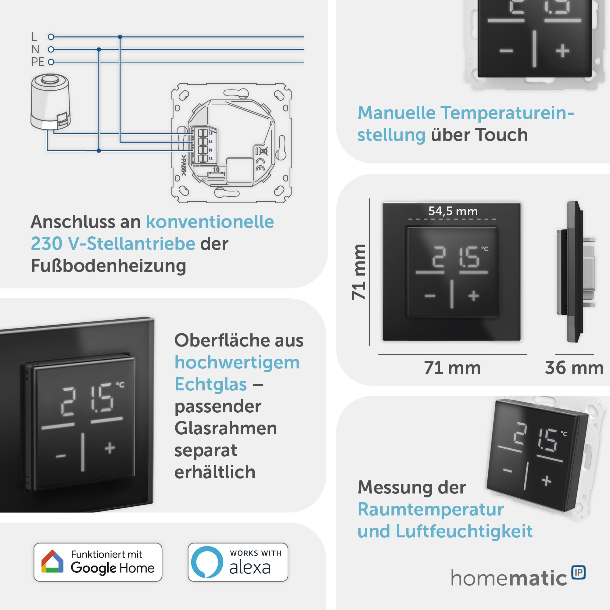Homematic IP Glas-Wandthermostat, schwarz, Smart Home, misst Temperatur + Luftfeuchtugkeit, digitales Thermostat Heizkörper/Fußbodenheizung mit App, Alexa, Google Assistant, Energie sparen, 161570A0