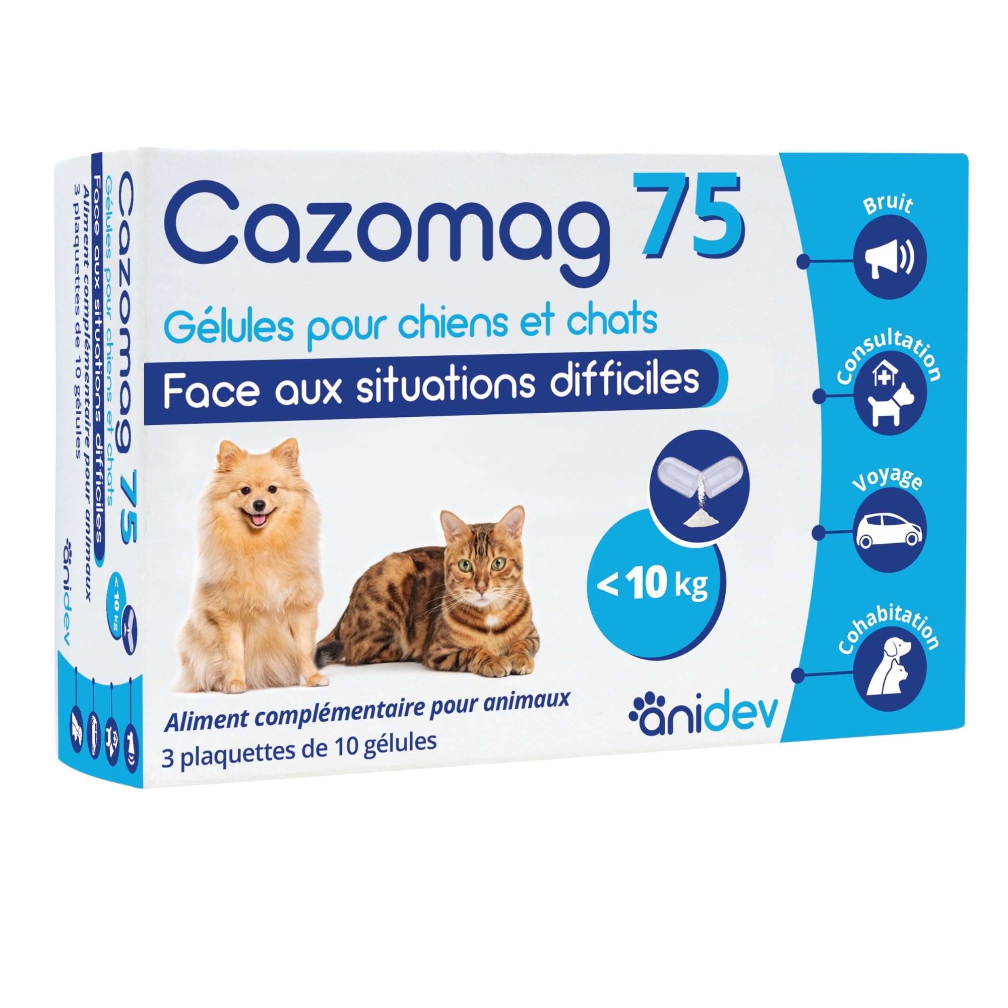 Cazomag 75 - Aliment complémentaire apaisant Chien & Chat - Ingrédients Naturels pour Favoriser Le Calme - Soutien en périodes Difficiles: Voyage, Bruit, Solitude - 30 gélules appétentes - Anidev