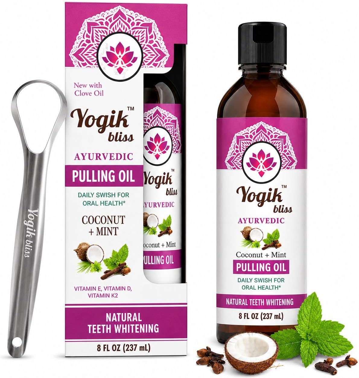 Coconut Mint Oil Pulling Mouthwash with Vitamins D3, E & K2 – Ayurvedic Oral Rinse with Peppermint, Clove & Tea Tree Oils for Fresh Breath, Teeth & Gum Care – Alcohol & Fluoride Free,Tongue Scraper