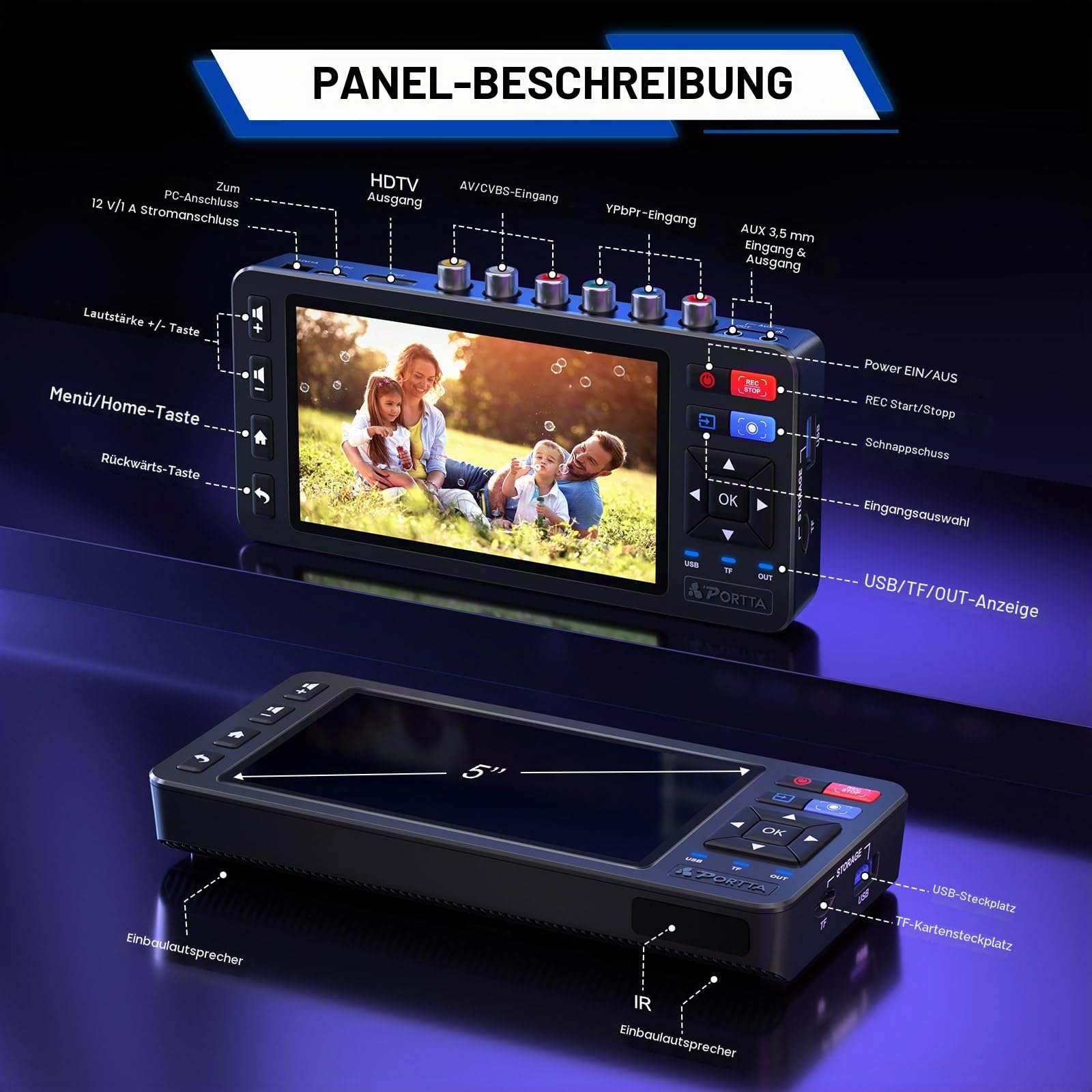 Portta VHS to Digital Converter, Videokassetten Digitalisieren with 5" LCD & Remote, Compatible with VHS, VCR, DVR, DVD, Hi8, Mini DV, Camcorder, Cassette Tape, Gaming Consoles