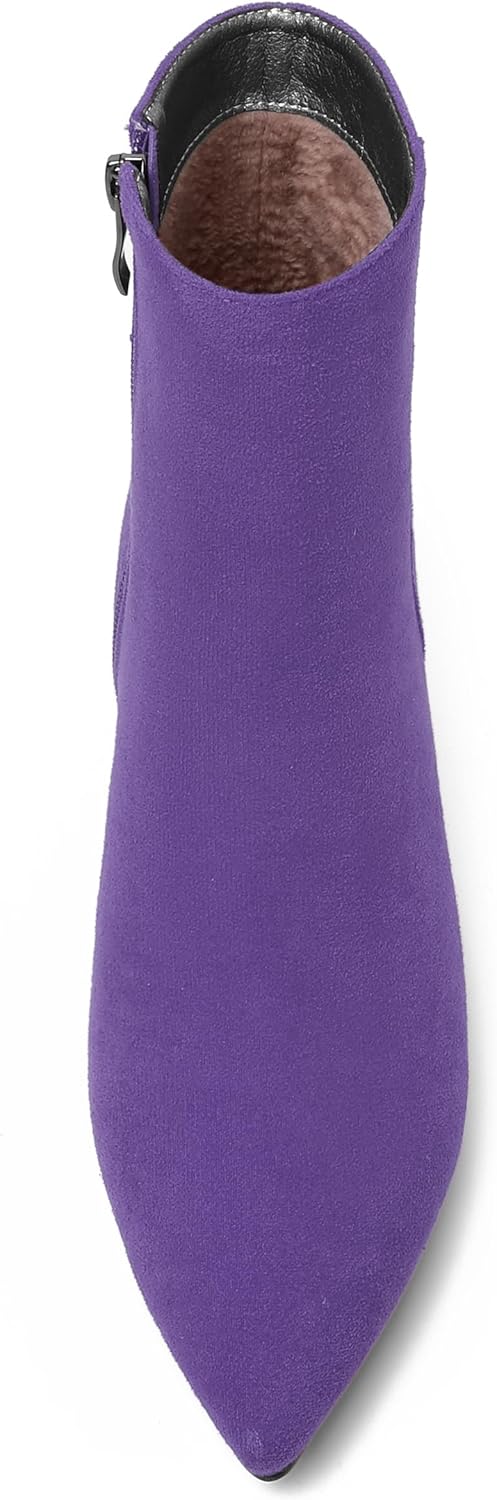 ROSERWISH Womens Dress Wedding Fluff Zip Pointed Toe Suede Bow Kitten Low Heel Ankle High Boots 2 Inch