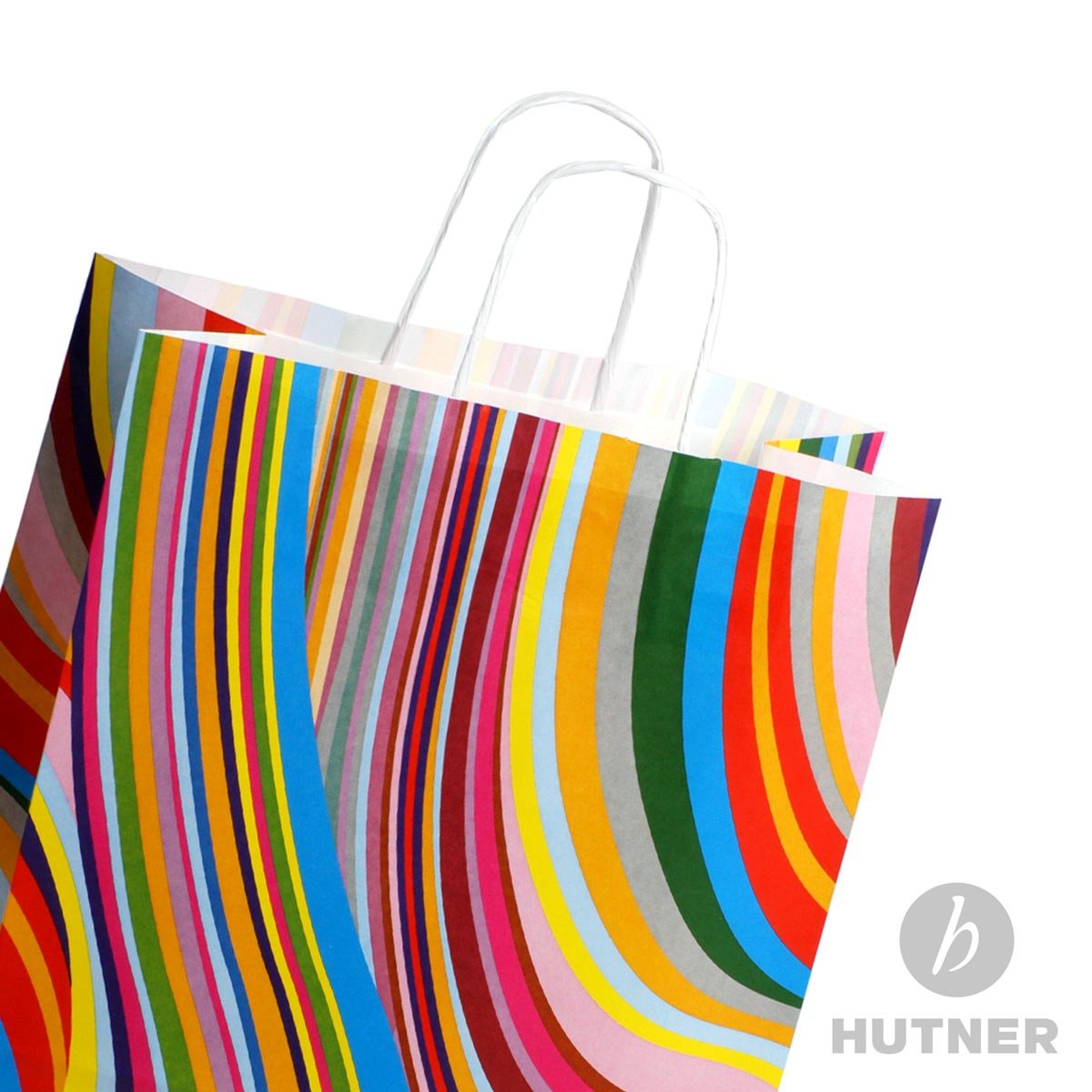 150 x Papiertüten 24+11x31 cm mit Motiv: Seventies | stabile Geschenktaschen für Handel, Mitbringsel, Geburtstag | Papiertaschen aus Kraftpapier| HUTNER