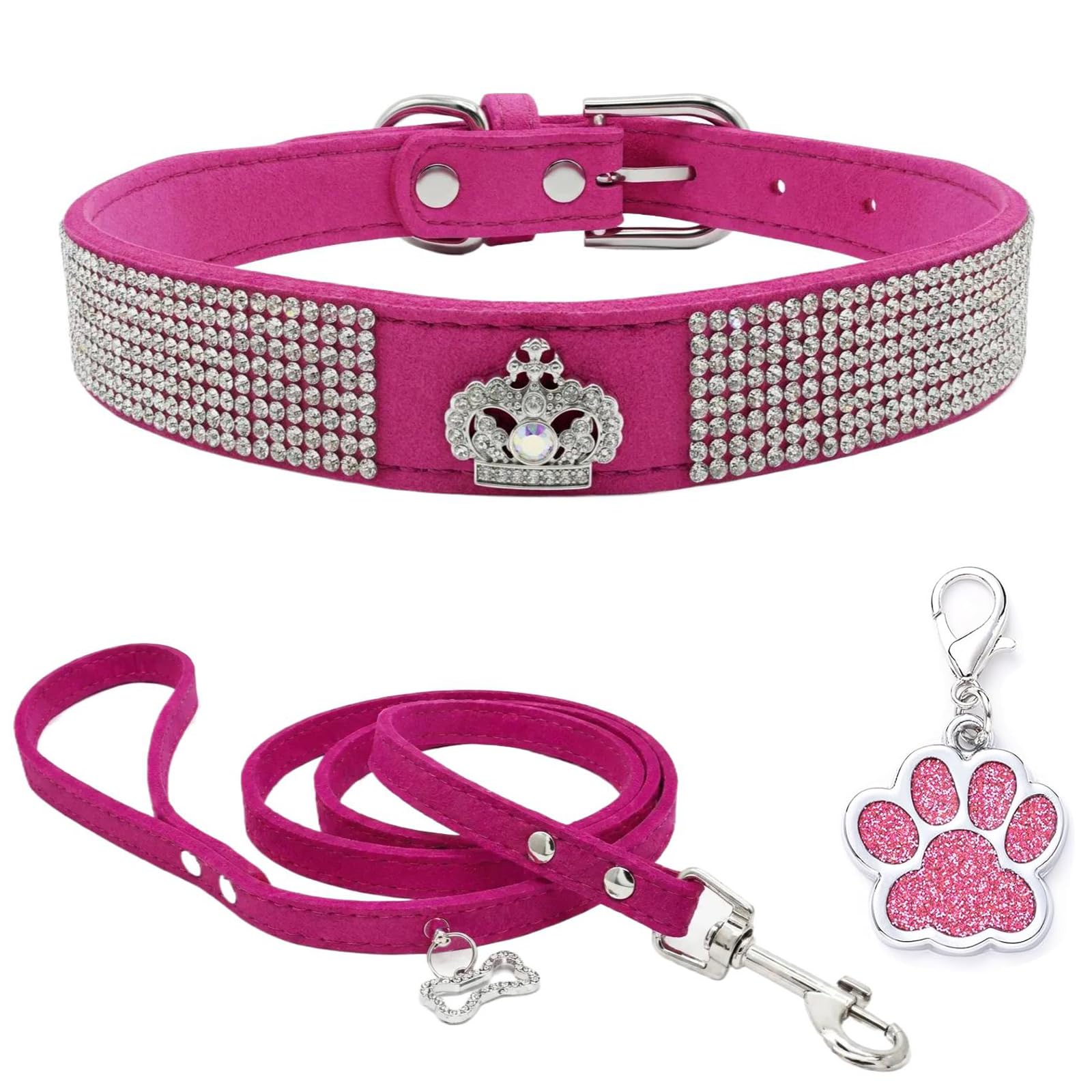 Collar Perro de Terciopelo Suave Perros Correa y Collar Lindo Lujo Diamantes tachonados Bling Ajustable Collar de Cachorro para Perros pequeños Gatos medianos Rosado XS
