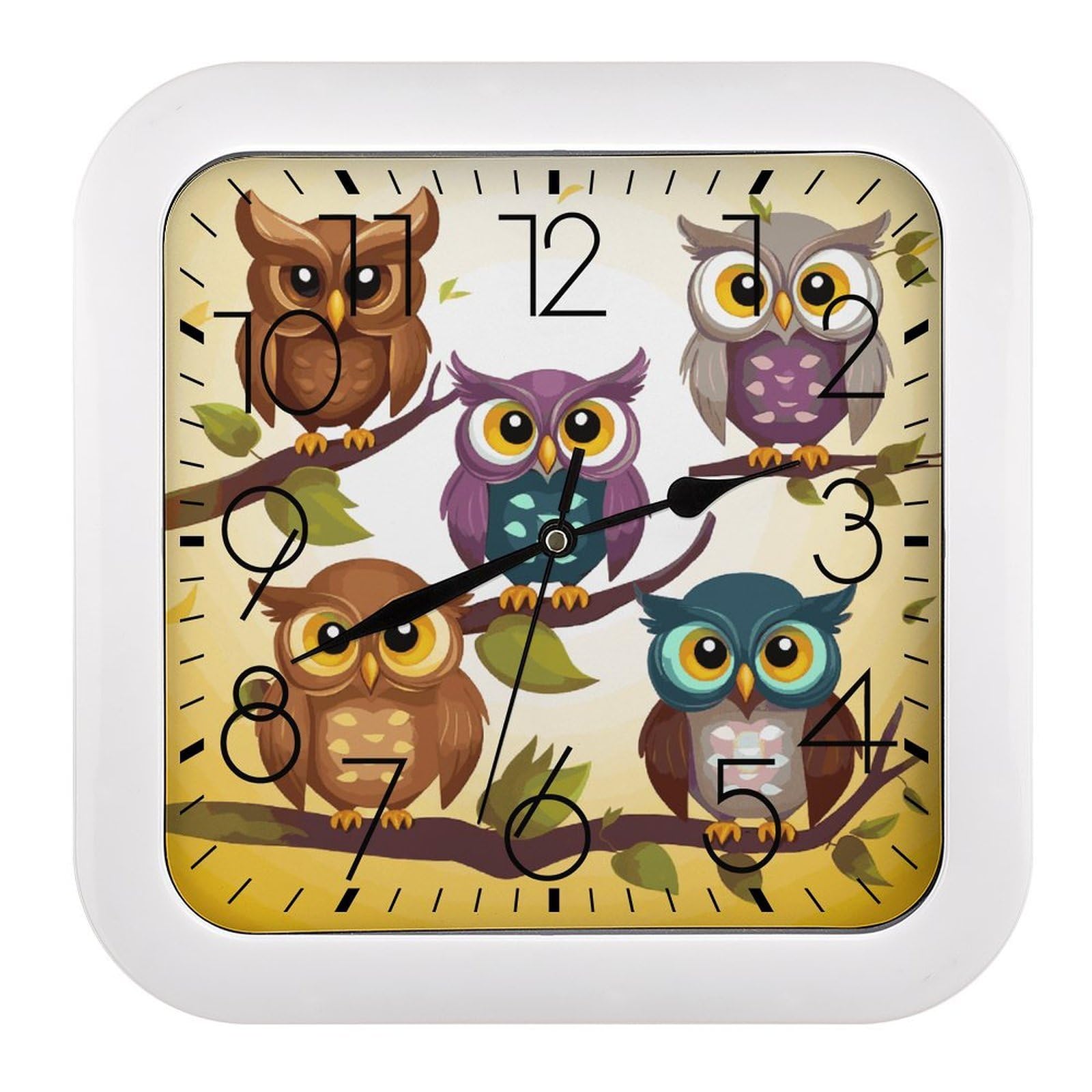 LDGSUPH Owls Birds Wall Clock Silent Non-Ticking Modern Clock Personalized Vintage Square Clocks for Travel Office Kitchen Home Decorative Clocks 10.2 Inch