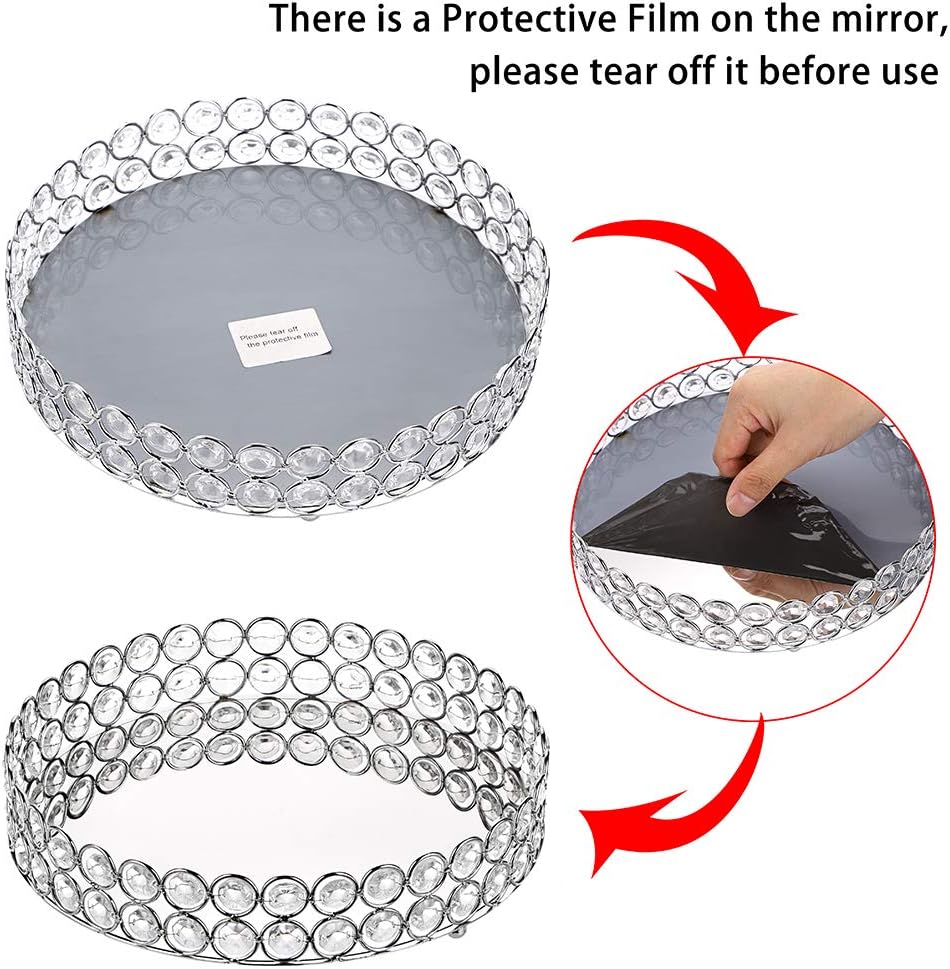 Hipiwe Crystal Make up Tray, Mirror Perfume Tray Bathroom Storage Trays Jewelry Trinket Trays Vanity Cosmetic Organizer Home Decor, Birthday Gift for Women(Round 9.8 Inch)