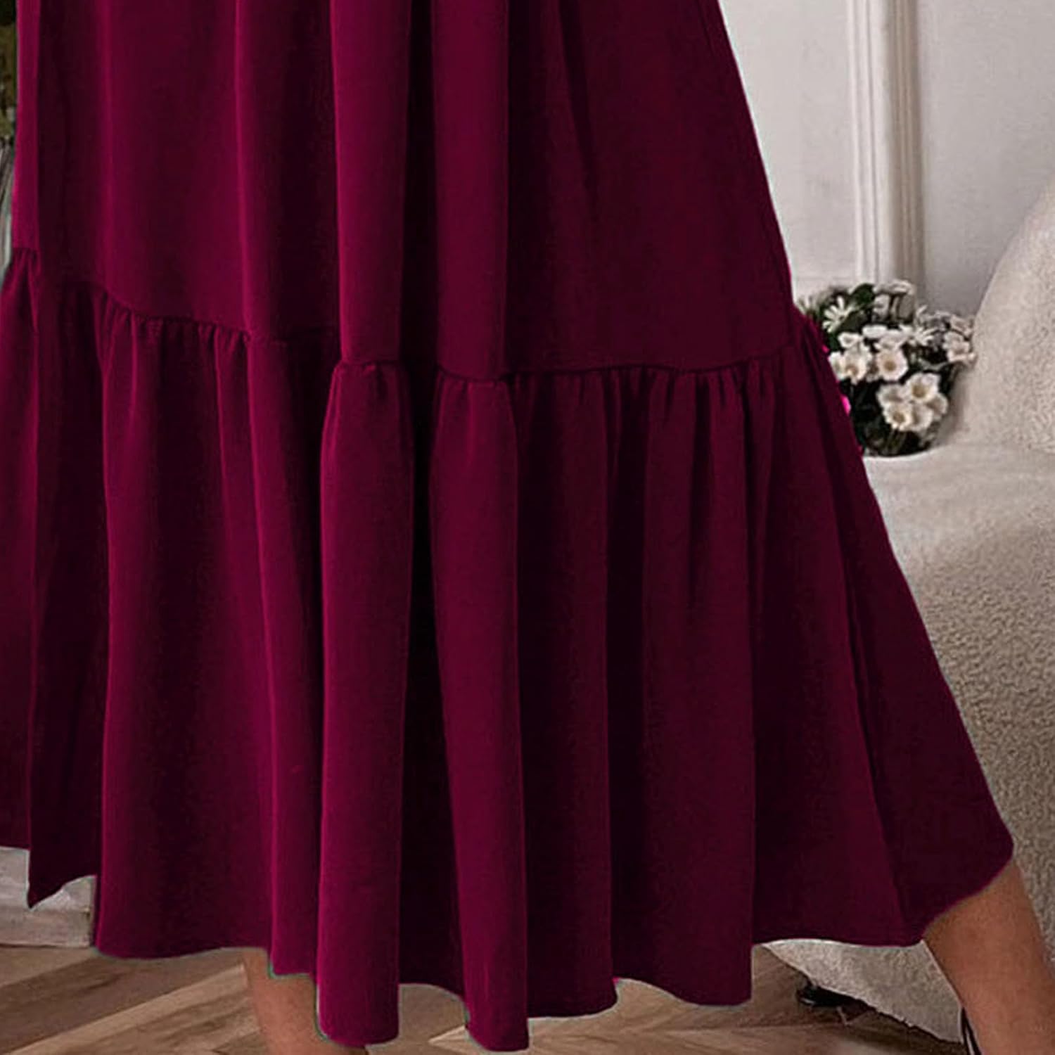 Generic Women's Boho Square Neck Shirred Dress Ruffle Hem Long Puff Sleeve A Line Maxi Dress Chiffon Solid Beach Flowy Dress