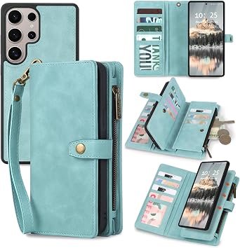 TwoHead for Samsung Galaxy S25 Ultra Wallet Case,11 Card Holders,Blue | Detachable Magnetic Phone Cover,Wireless Charging Compatible,Shockproof,PU Leather Zip Wallet,for Women/Men,with Wrist Strap