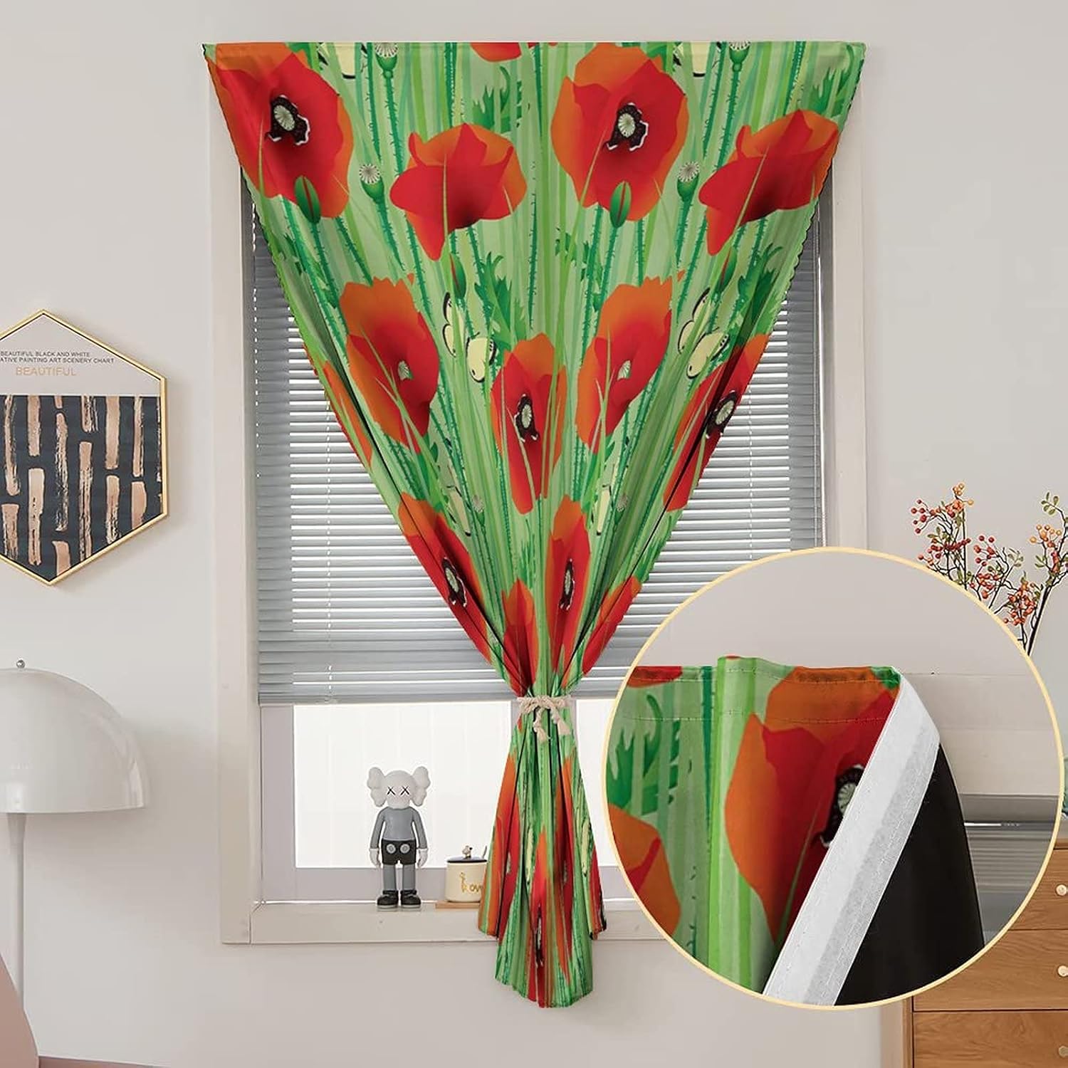 Self Adhesive Portable Blackout Curtains, Spring Room Darkening Curtains, Scarlet Poppy Flowers Field with Butterflies Print Temporary Blackout Blinds,59W x84L Inches,for Bathroom Living Room Bedroom