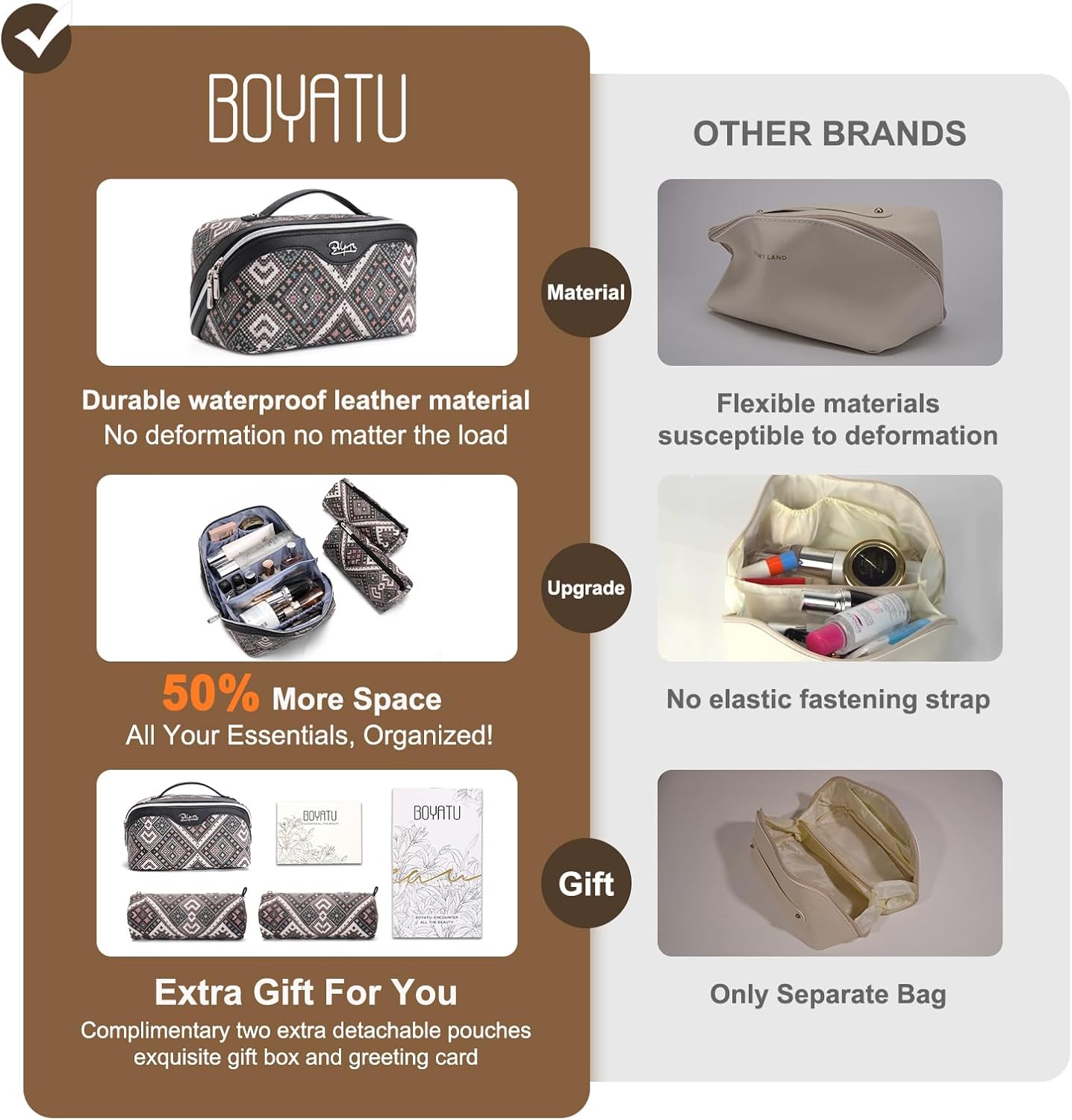 BOYATU Travel Makeup Bags for Women: Western Boho Chic Large Capacity Cosmetic Organizer - Wild, free, Unrestrained - 3Pc Waterproof Toiletry Set with Blush Compartment - No Chaos & Easy Clean Black