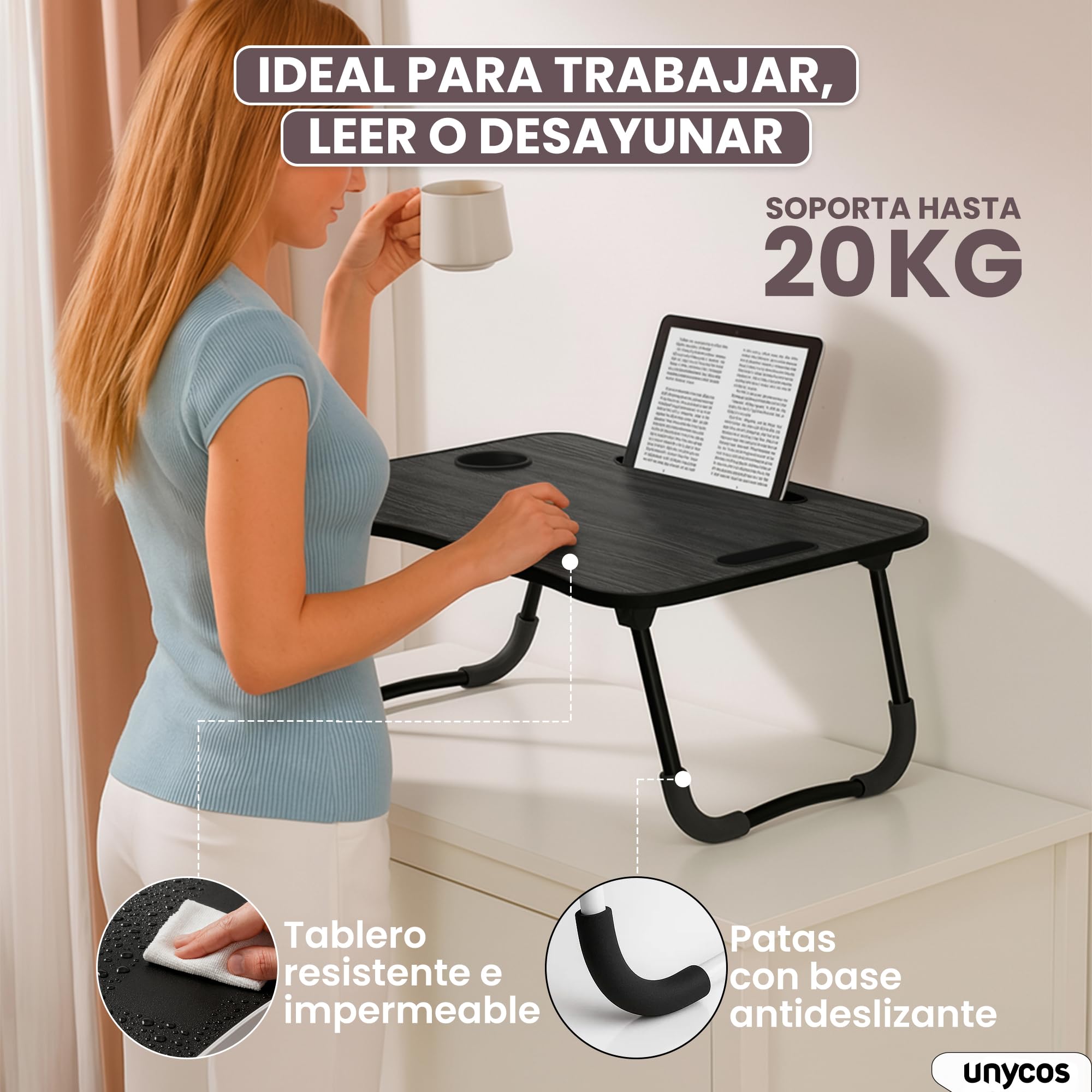 unycos - Bandeja para Cama, Mesa Plegable de Desayuno, Multiusos, Ideal para Portátil, Ordenador y Libros, Ergonómica, Mesa Auxiliar con Atril para Leer en la Cama 60x40x26 cm (Negro/Gris sin Cajón)