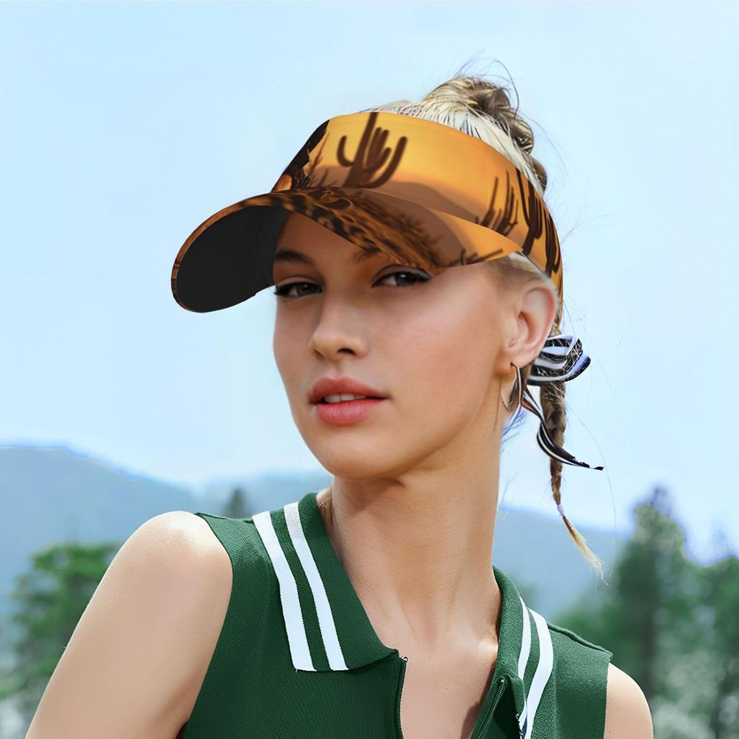West Desert Cactus with Cowboys Riding Horses1 Print Sports Sun Visor Hats Adjustable Running Golf Tennis Sun Cap for Women Men Black