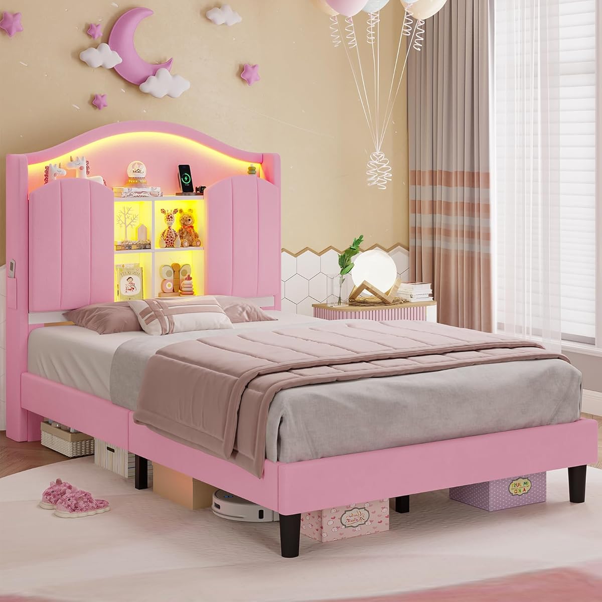 Twin Girl Bed with LED Lights & Charging Station, Upholstered Storage Headboard Platform Twin Size Princess Bed Frame, No Box Spring Needed/Noise-Free/Easy Assembly, Pink