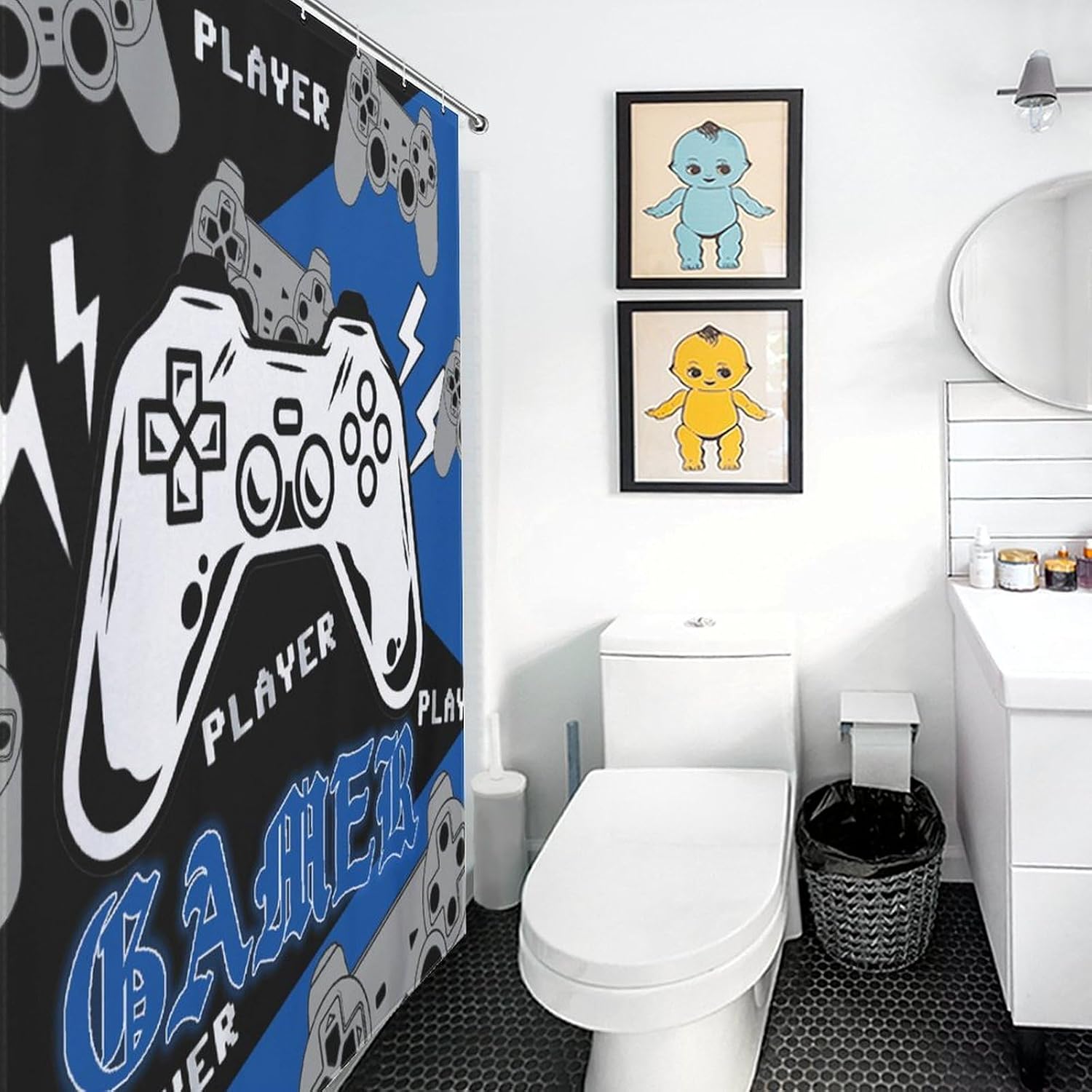 Gaming Shower Curtain for Bathroom, Blue Graffiti Game Controller Gaming Video Gamepad Abstract Cooling Funny Kids Boys Teen Waterproof Fabric Shower Curtain Set with Hooks, 72"x72" image 4