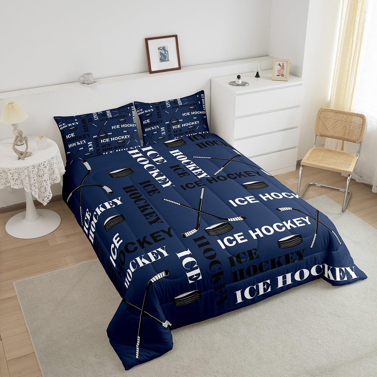 Feelyou Boys Ice Hockey Comforter Set Queen Size Sports Hockey Pucks Print Bedding Set for Kids Teens Girls Ball Gamer Decorations Comforter Blue Quilt Set Bedroom All Season 2 Pillowcases