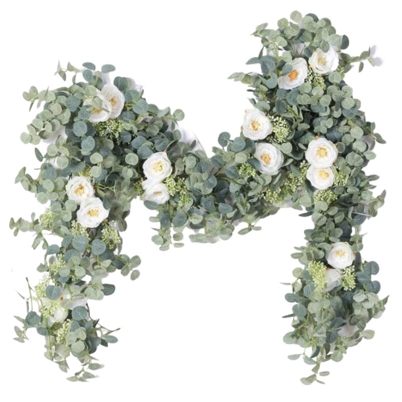 Guirlande d'eucalyptus artificielle 180cm de fête : lot de 2 avec fleurs blanches pour décoration