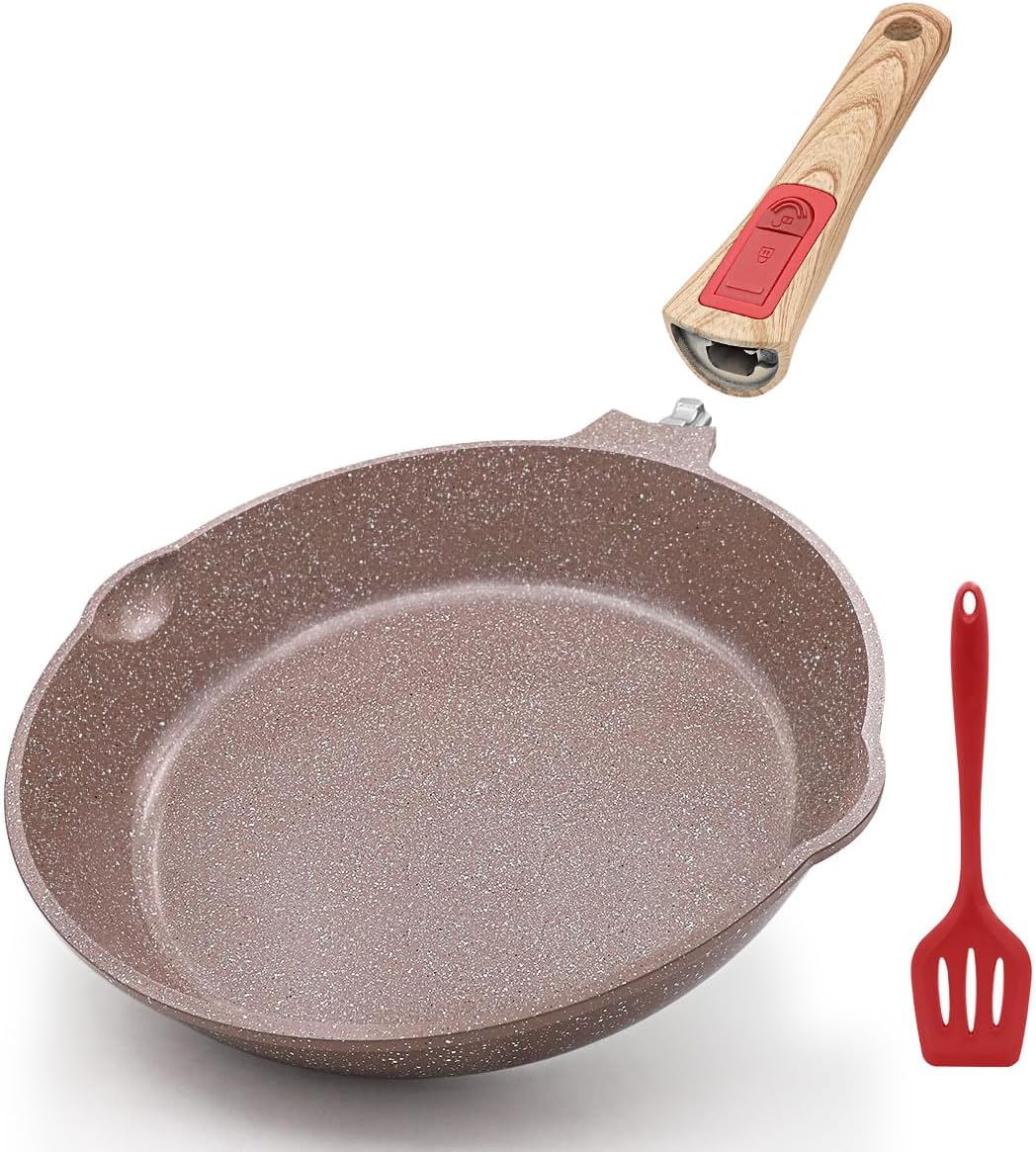 AIKENBBKK Nonstick Ceramic Frying Pan, 28cm Healthy Frying Pan Skillet with Removable Handle, Oven& Dishwasher Safe, PFAS PFOA & PTFE Free (Brown)ClimatePartner certified