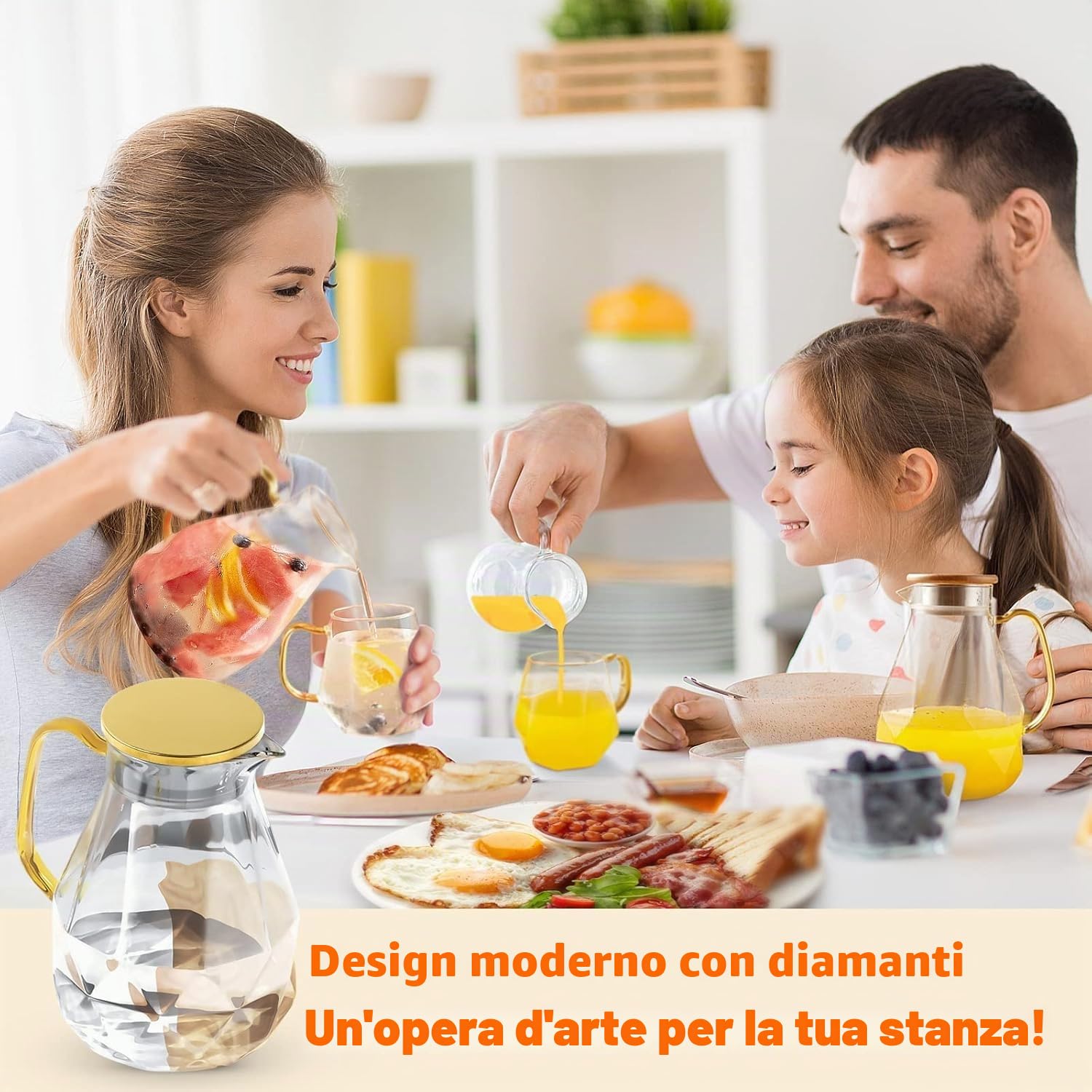 DUJUST Caraffa per Acqua con Coperchio in Acciaio Inossidabile [2 L],Brocca in Vetro con Maniglia di Disegno del Diamante, Decorazione per la Stanza, Caraffa in Vetro per Acqua ad Alta Durata