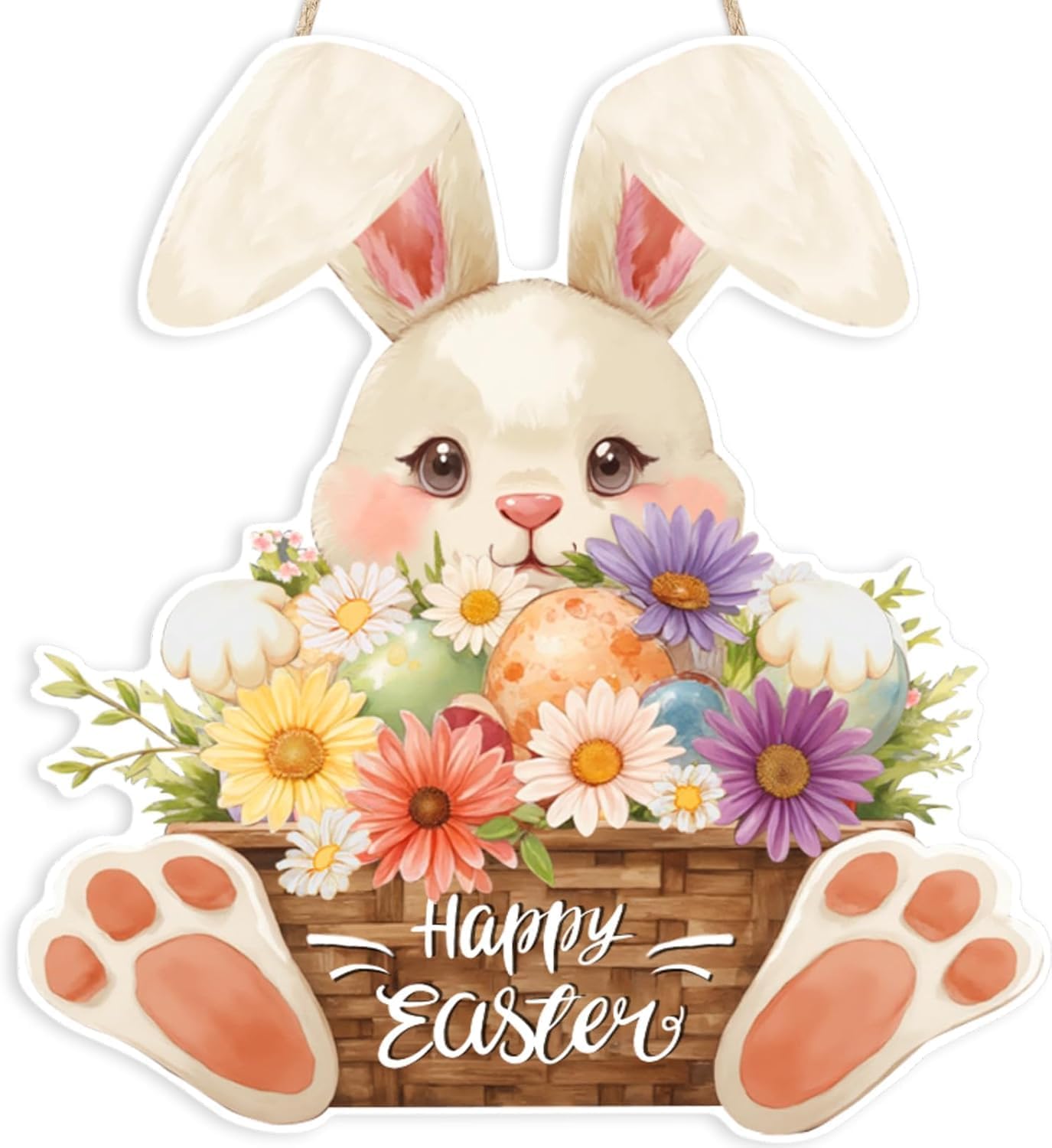 Ausril Easter Wood Sign,Happy Easter Door Decor,Bunny Egg Hanging Wall Sign,Rabbits Plaque Hanger for Holiday Home Indoor Outdoor Spring Decoration,Flower Spring Door Hanger Plaque Yard Porch Gift