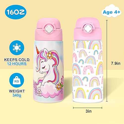 Miniatura 2 de Botella de agua aislada para niñas con popote desplegable cubierto, vasos para niños de 16 onzas con acero inoxidable a prueba de fugas para la