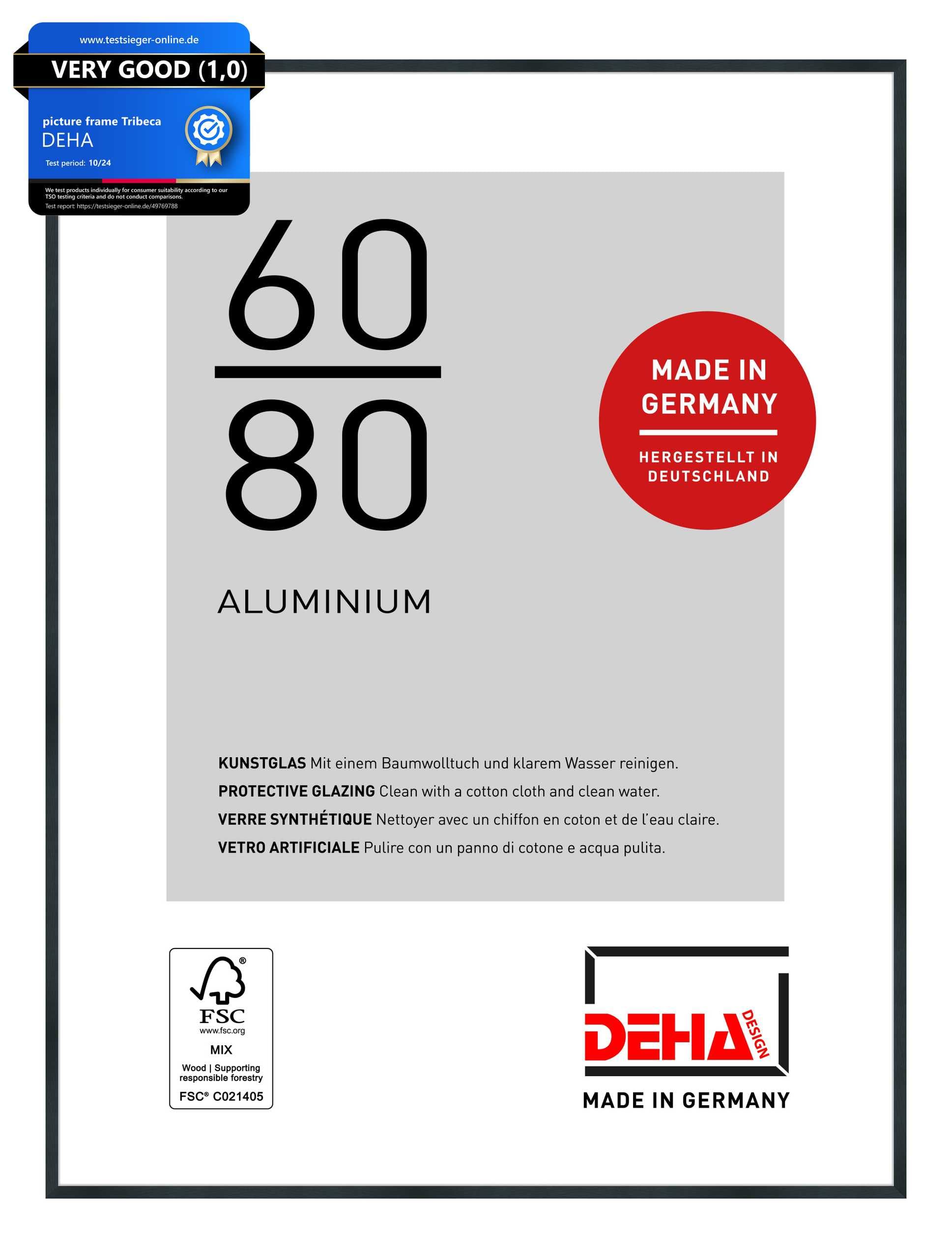 Deha Design Brushed Frosted Black Tribeca Aluminium Picture Frame - 60X80 Cm – Brushed Black - With Synthetic Glass And Push/Turn Clips