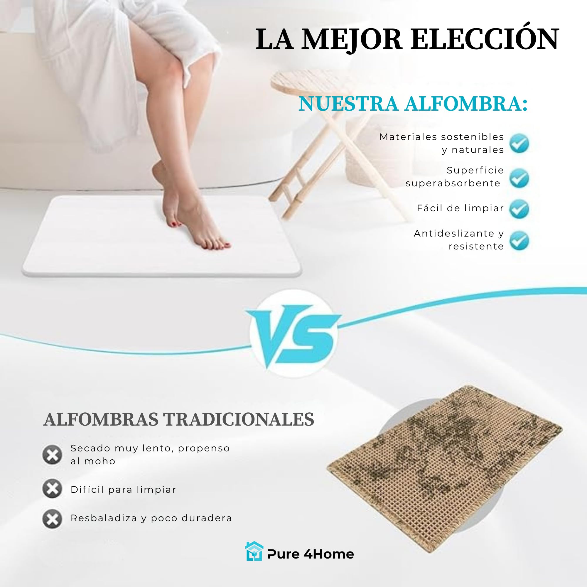 Pure 4Home Alfombra Diatomita Baño 45x35 – Secado Rápido, Antideslizante y Antibacteriana – Alfombrilla Piedra Diatomita Super Absorbente – Alfombrilla Diatomita - Stone Bath Mat (Blanco)