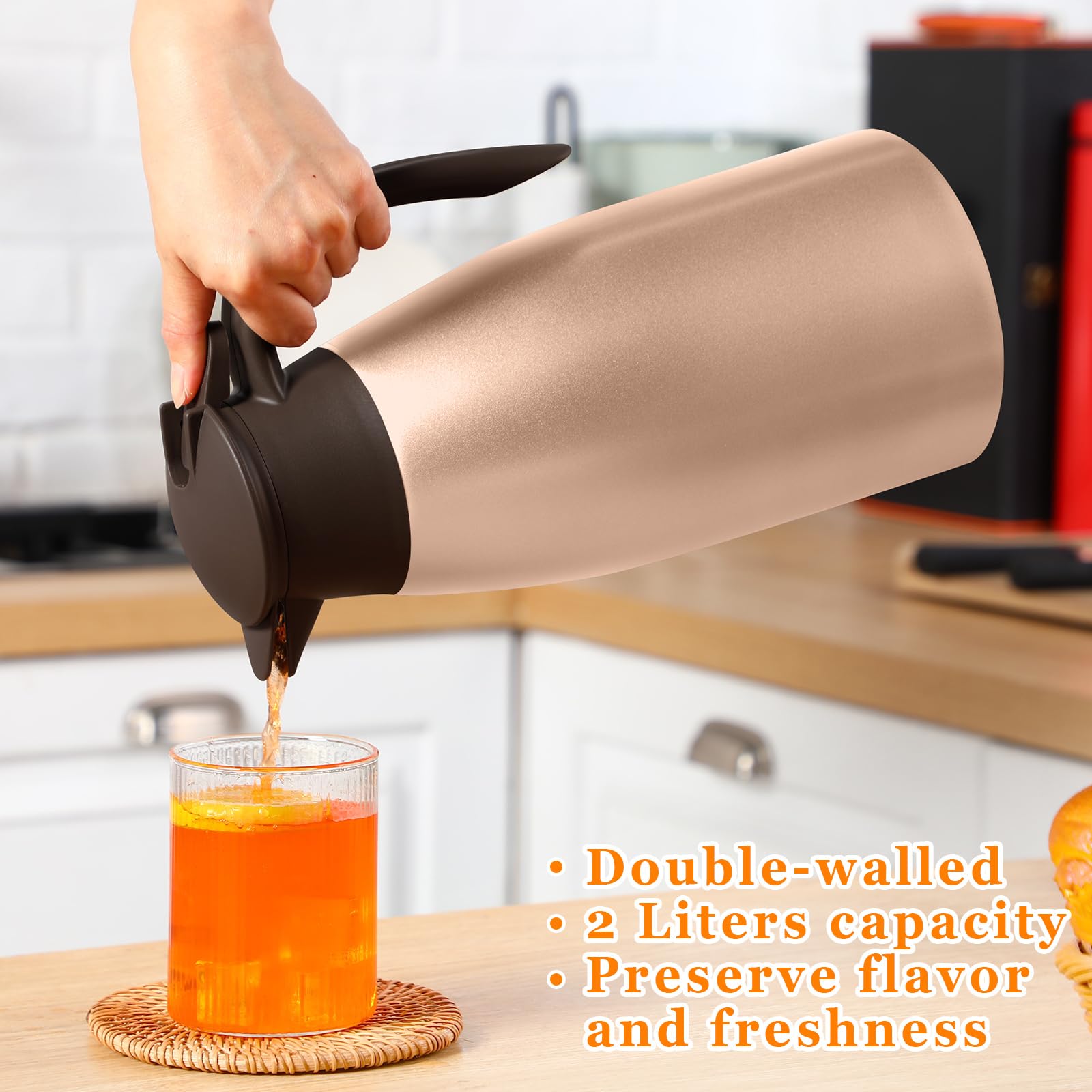 Norme Thermo-Kaffeekaraffe, isolierte Edelstahl-Kaffeekaraffe für heiße Flüssigkeiten, Vakuum, Thermo-Topf, Sahnekänner, Karaffe Spender mit Bürsten, hält Heißwasser Milch (Roségold, 1,9 l), 2 Stück