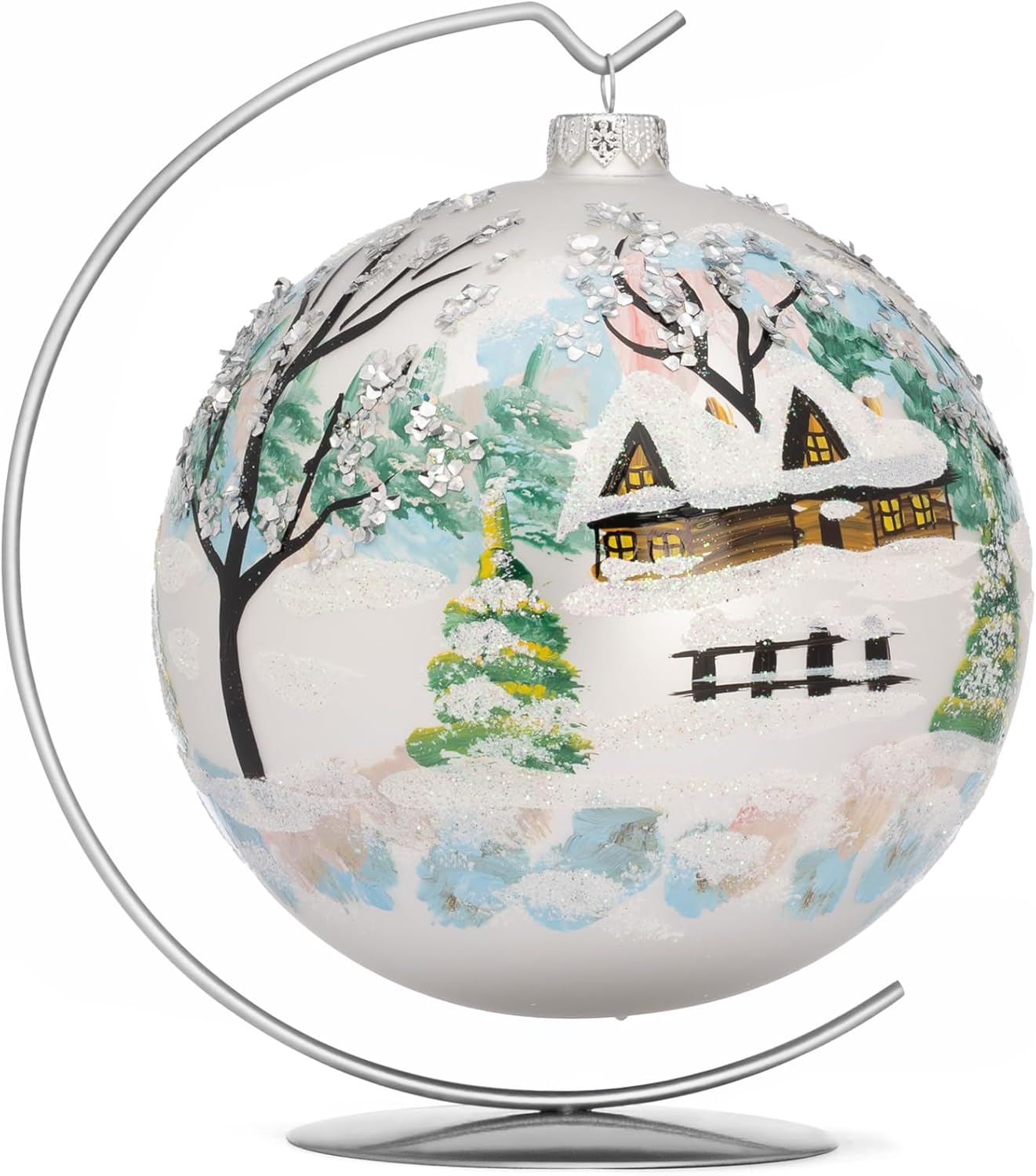 Sapphire Navy Blue Christmas Ornament Polish Blown Glass Ball Hand Painted Large Bauble 6 inch Ø/150mm Midnight Poinsettia