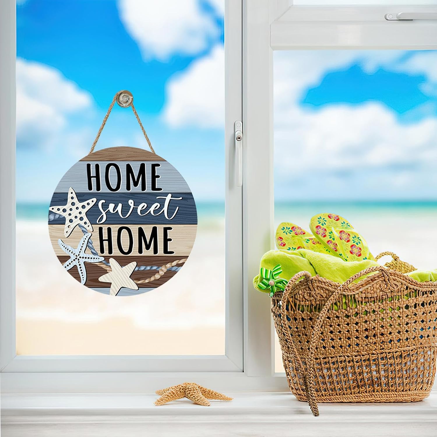 Home Sweet Home Starfish Front Door Sign, Coastal Family Wood Plaque Hanger Beach House Deck Outdoor Porch Home Decor, Summer Nautical Sea Ocean Farmhouse Wooden Wreath Wall Hanging Decoration