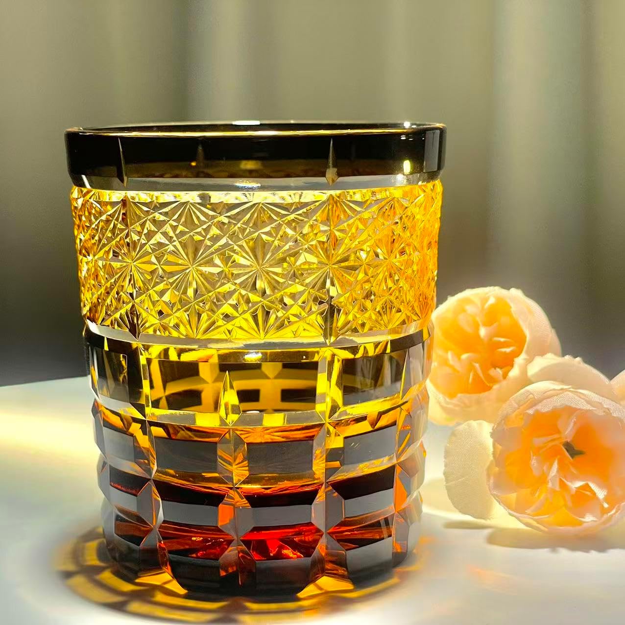 suigetsu Japanese Crystal Whiskey Glass, 10 oz, Amber Black, Engraved Pattern, Old Fashioned Rocks Tumbler with Gift Box (Amber Glow)